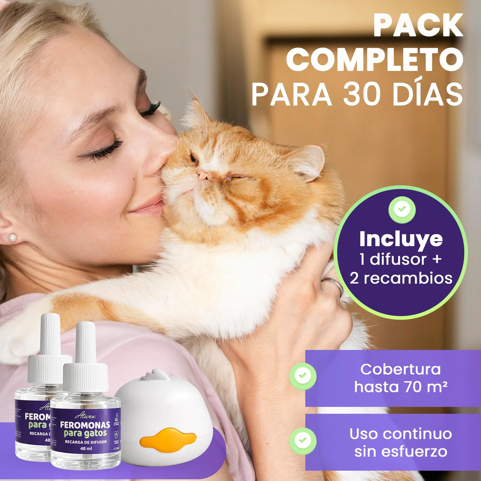 Feromonas para Gatos - Difusor + 2 Recambios (60 días, 48 ​​ml) - Ayuda a Crear Armonía y Reducir Conflictos Entre Gatos como el Estrés, Arañazos, Miedos, Cambios, Marcaje con Orina.