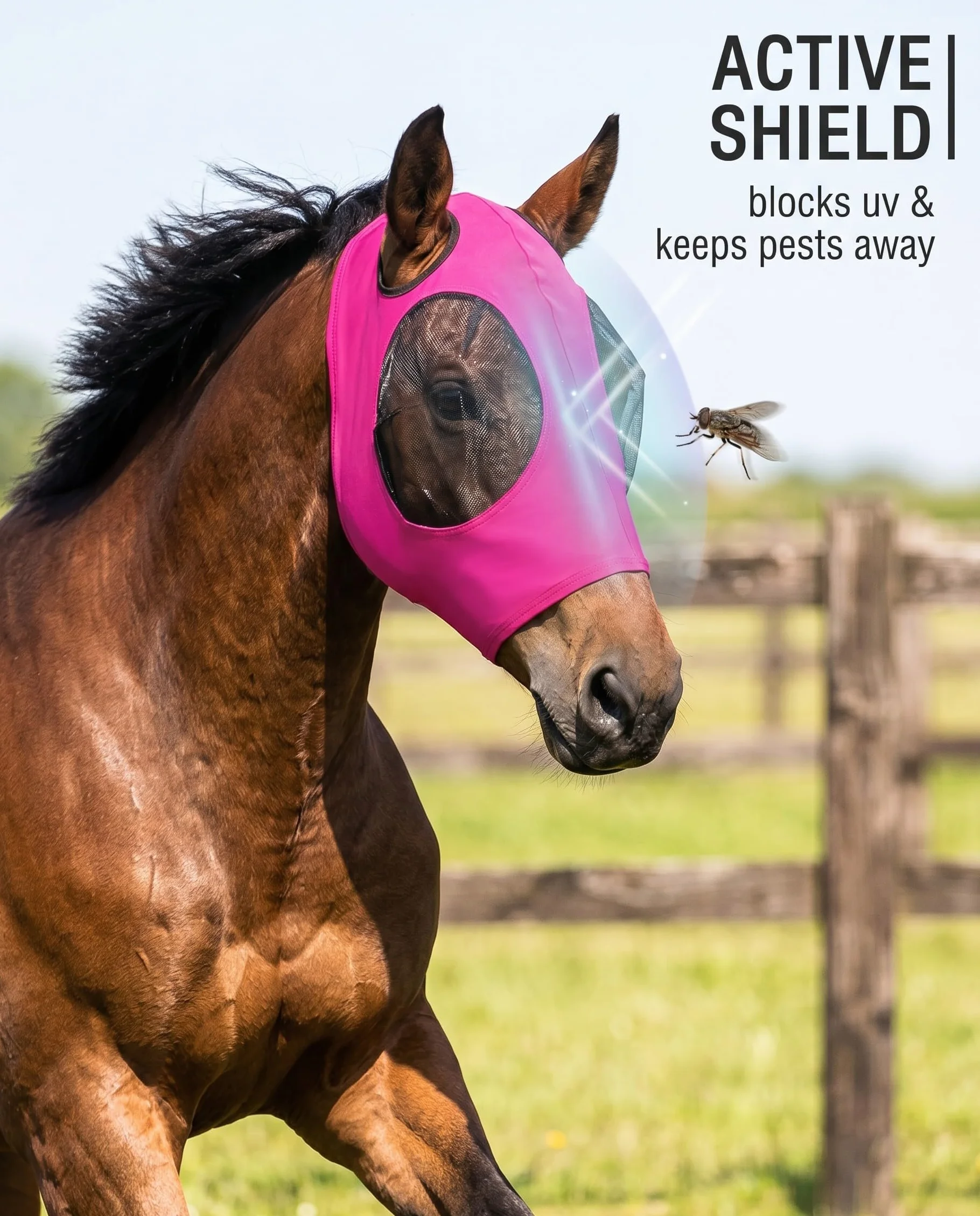 Máscara Anti-Moscas para Caballos Rosa Fucsia Protección UV con Orejeras Elásticas Transpirable