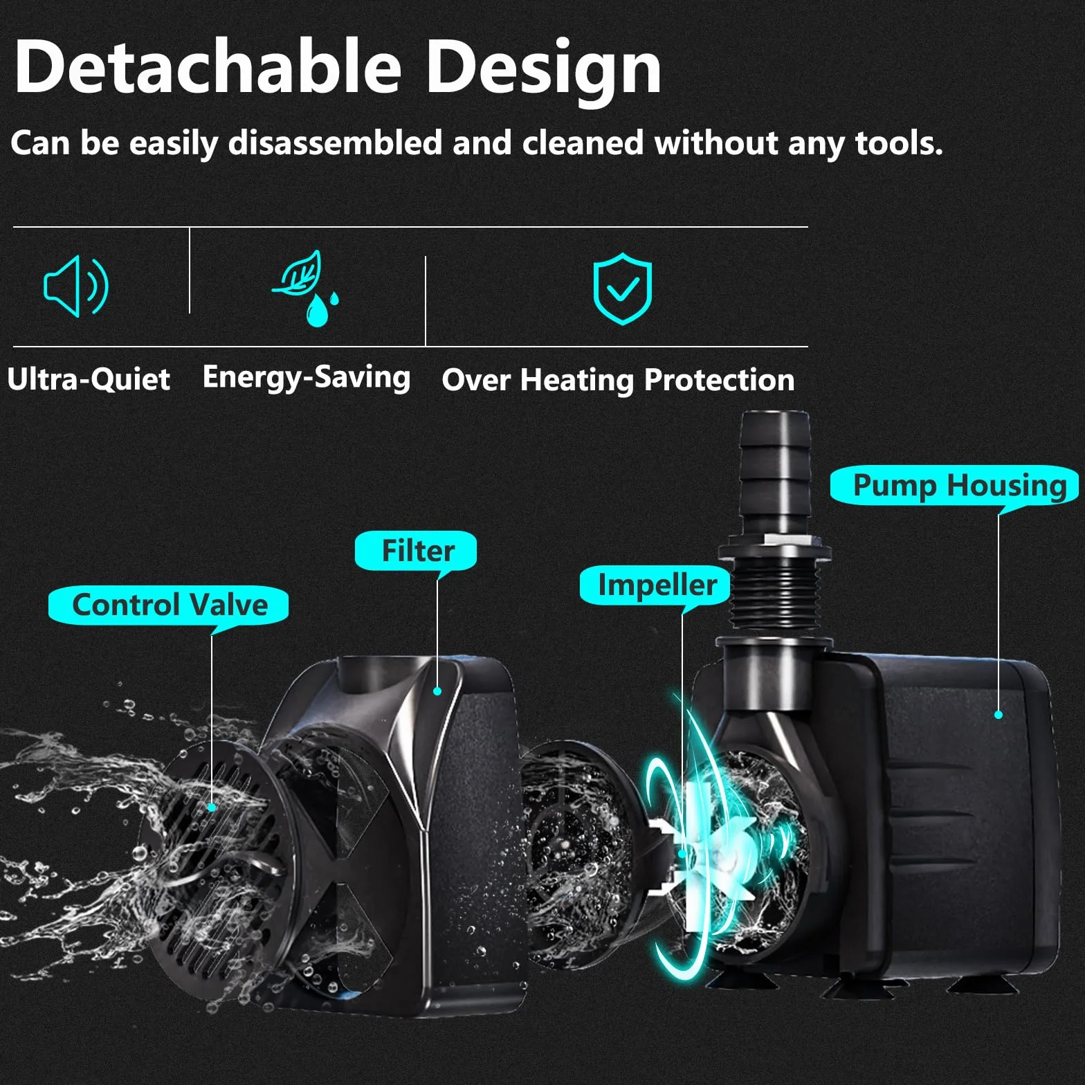 Bomba de Agua Sumergible 10W 600L/H, con Protección contra Sobrecalentamiento, Funcionamiento Ultrasilencioso. Para Estanques, Acuarios y Sistemas Hidropónicos. Incluye Cable de 1.5m Caudal Ajustable.