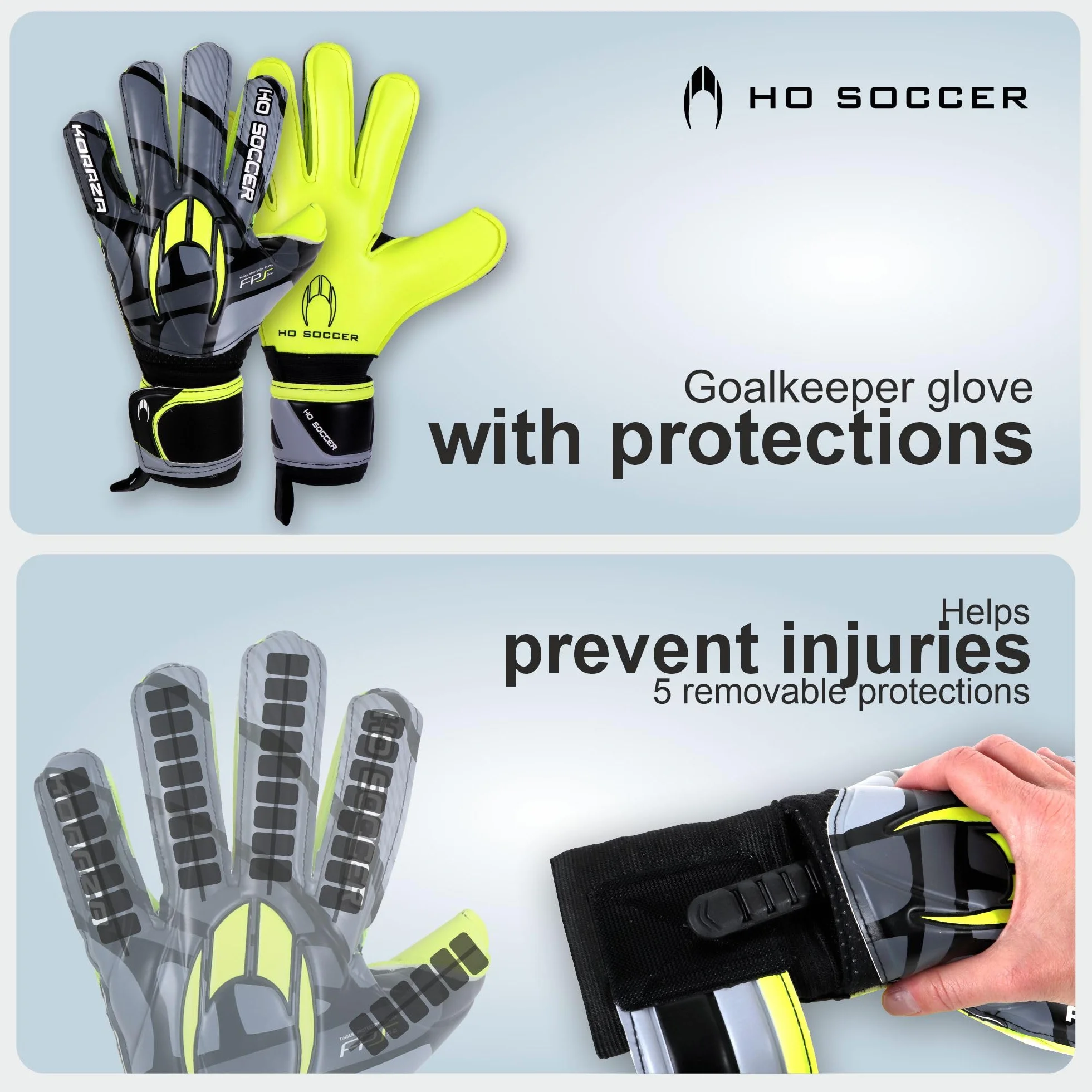 Guantes de Portero KORAZA HO Soccer con Protección Dedos Extraíbles Gris Lima