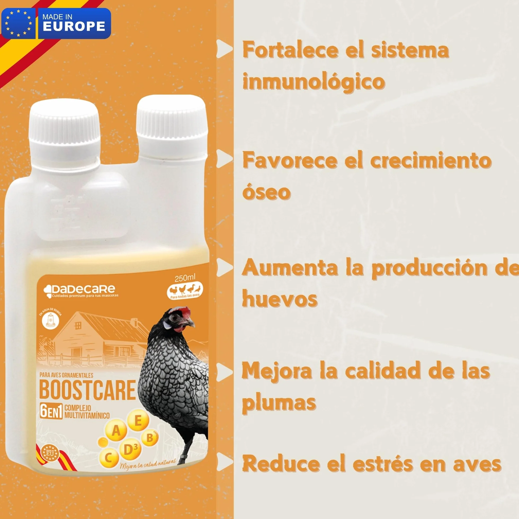 Multivitamínico 6 en 1 250ml Aves | Vitaminas A-E-D-C-B| Pienso Complementario para Bebedero Gallinas, Pollos, Palomas, Loros y Periquitos con Dosificador - Boostcare