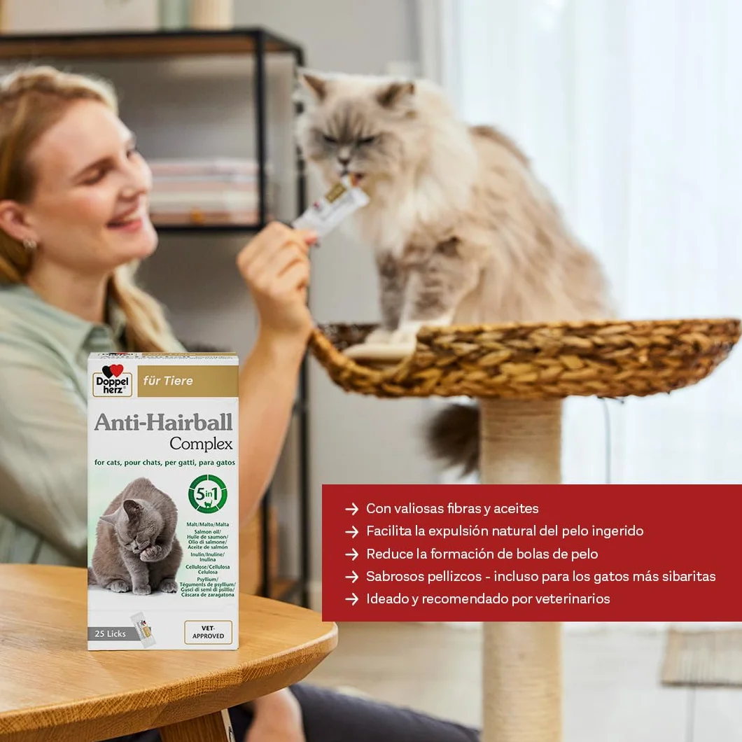 Doppelherz Anti-Hairball Complex para Gatos - con valiosas Fibras y aceites Que favorecen la digestión de Las Bolas de Pelo - 25 pellizcos cremosos