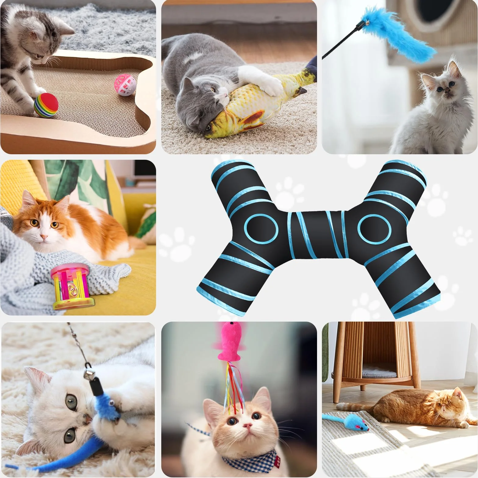 Set de 39 Piezas para Gatos con Túnel, Palo Divertido, Ratones, Hierba Gatera, Bolas, Campanas, Tumbler y Peces