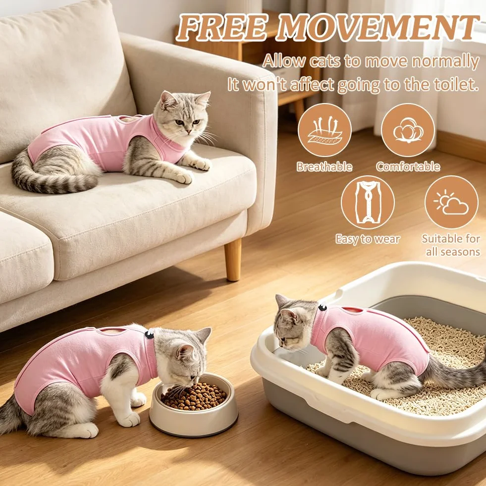 OFFCUP 2 Piezas Body de Recuperación para Gatos, Gatos Postoperatorio Hembra para Evitar Que se Laman Las Heridas, Suave y Cómodo, Gata Camiseta de Recuperación, Rosa, Talla M