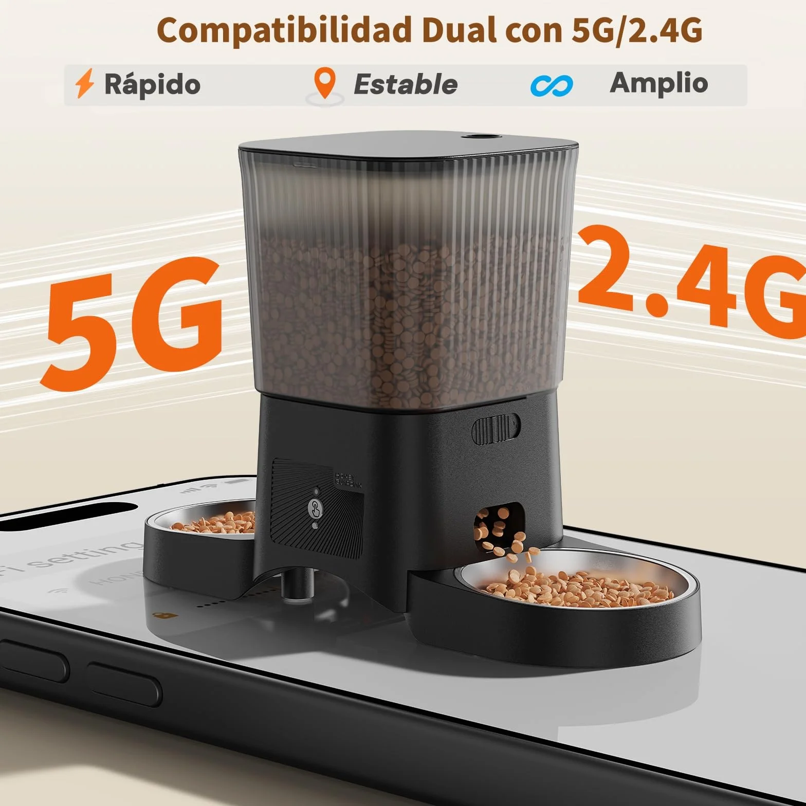 Comedero Gato Automatico 5G WiFi, HONEYGUARDIAN Dispensador Comida Seca Gatos Perros, Alimentador Automatico Gato Fácil Operación con Control App, 4 Cuencos (Acero inoxidable + Lento), 1-6 Comidas/Día