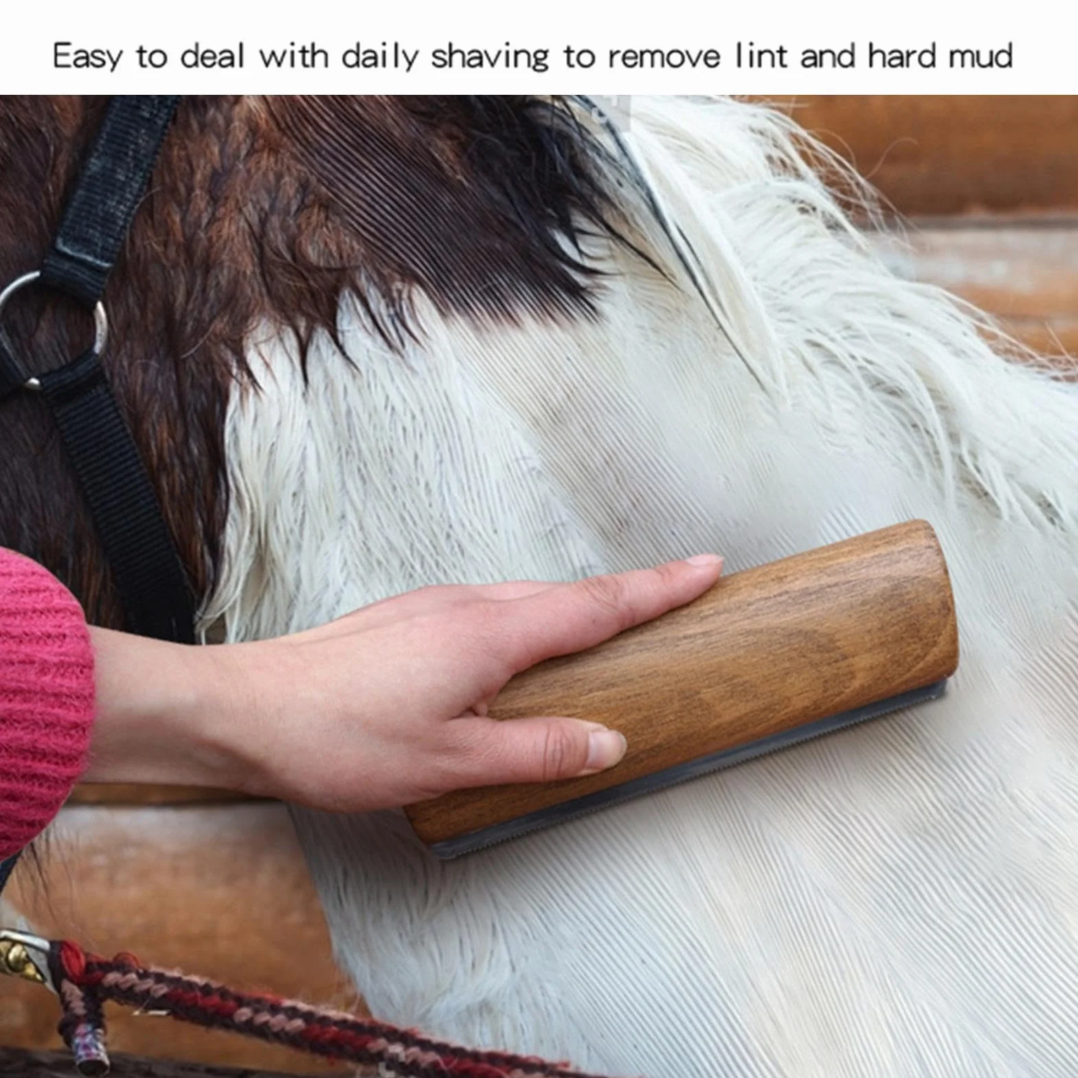 Cepillo para pelar caballos, mango de madera, tira de dientes de acero inoxidable para caballos, cepillo de lavado de aseo de caballos, herramienta de aseo para desenredar, removedor de pelo de