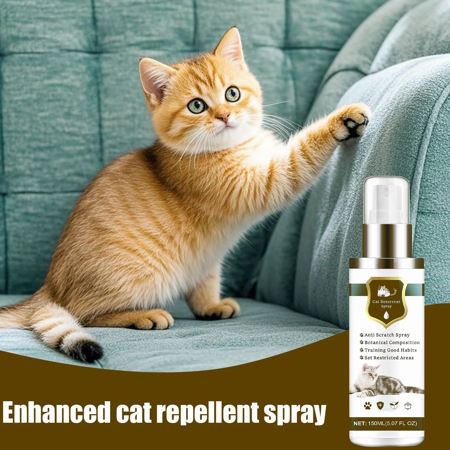 Spray Antigatos | 150ml Seguro Natural Antiarañazos - Control Interior Felino,Protege Neumáticos Sofás Alfombras Césped Patio Balcón Terraza Piscina