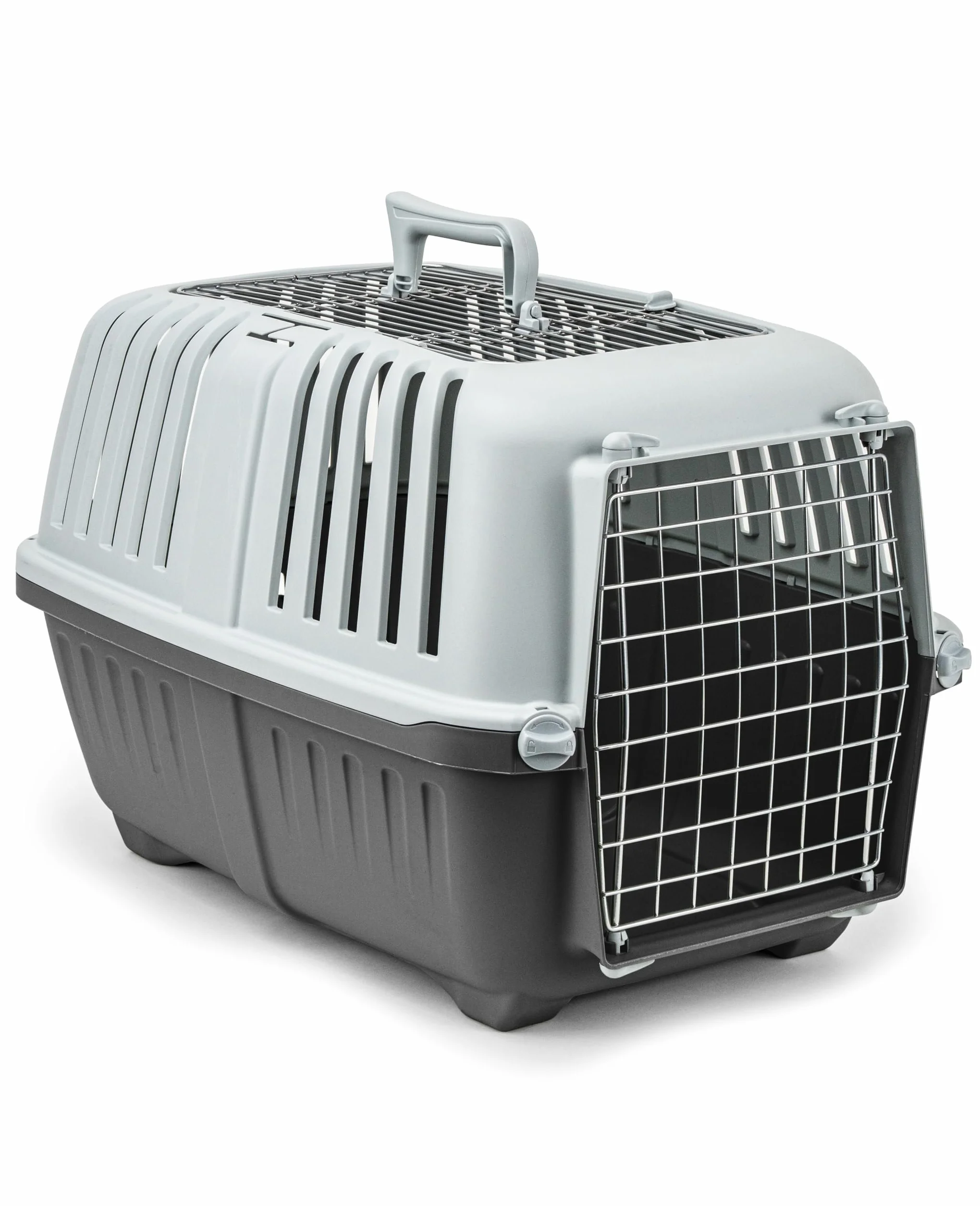 lionto Caja de Transporte 58,5x35,5x40 cm, plástico con Rejilla metálica, con asa y Cierre, para Perros, Gatos y Animales pequeños de hasta 15 kg, Gris