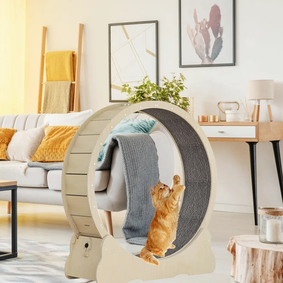 Bicicleta de paseo para gatos, 132 cm, cinta de correr con suelo de moqueta, dispositivo de fitness para perder peso, para una vida más larga del gato (madera natural, XXL)