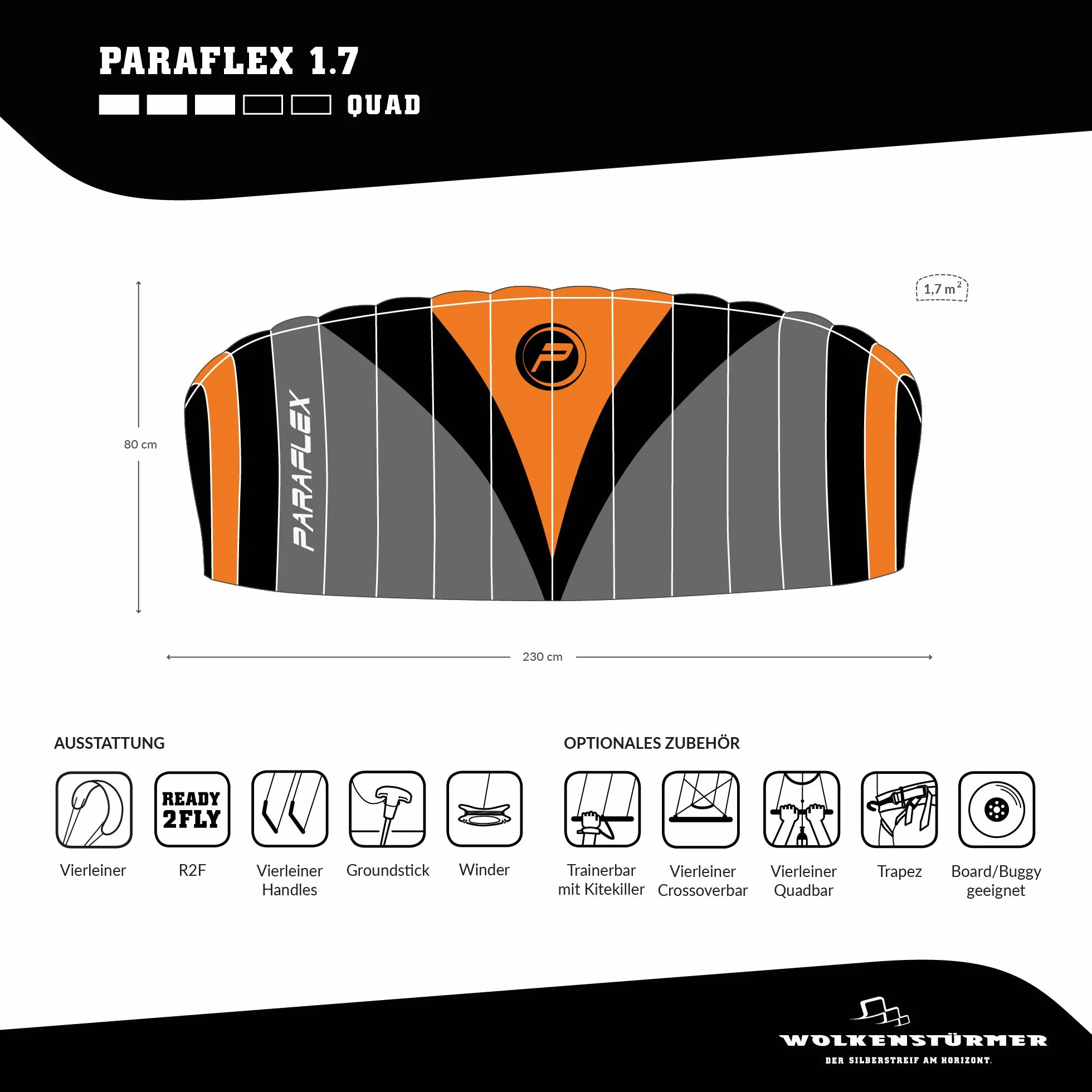 Wolkenstürmer Paraflex Quad 1.7 Alfombra de dirección de acción 4 líneas Cometa Asas con Barra