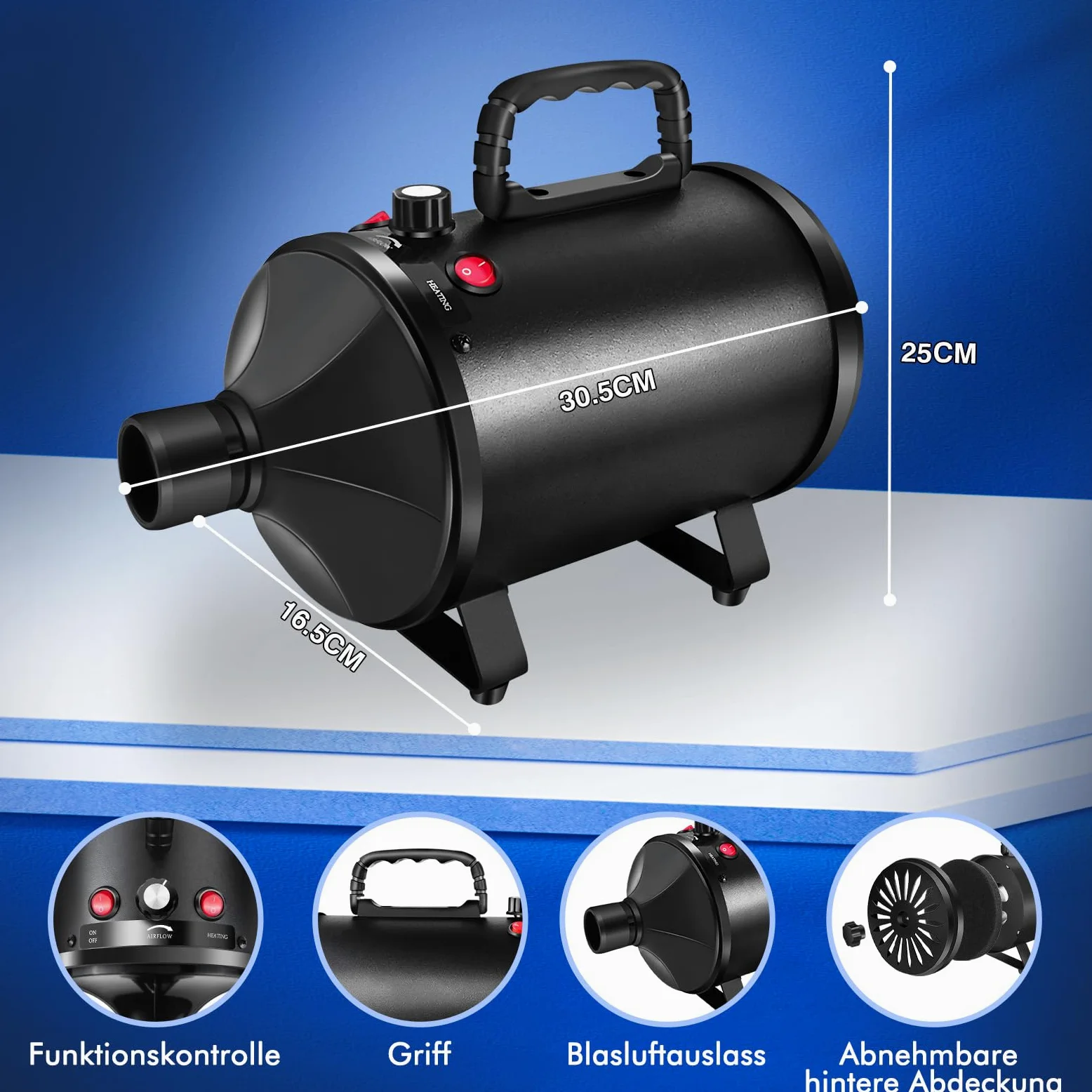2800W Secador de pelo para mascotasSecador de pelo de bajo nivel de ruido, velocidad continua, temperatura ajustable, 2,5 m de manguera flexible con 4 boquillas