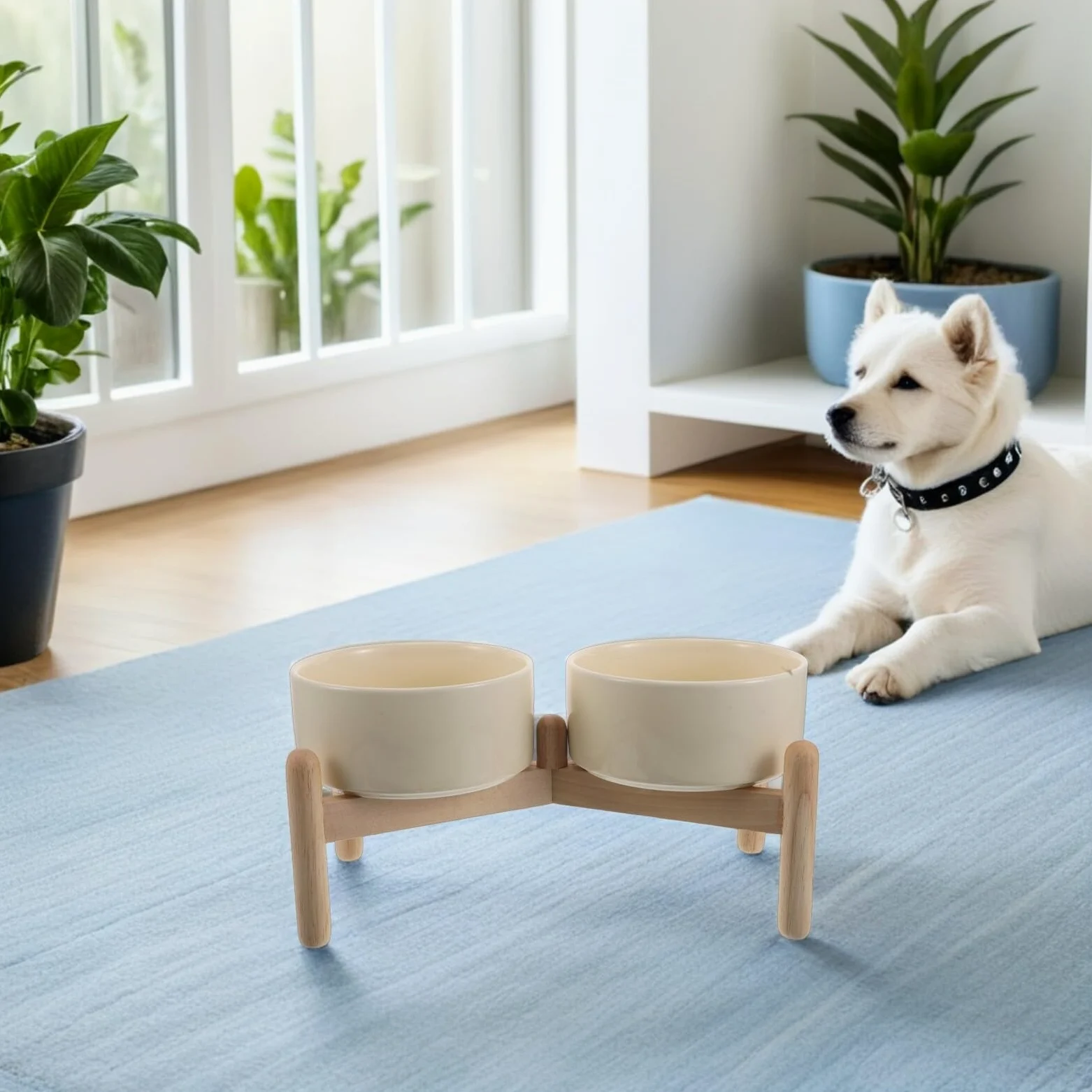 Gatuida Cuencos Elevados de Cerámica para Perros y Gatos 850 Ml con Soporte de Madera Antideslizante, Doble Tazón 15,5 Cm para Comida y Agua, Cuidado del Cuello y Articulaciones, Comedero