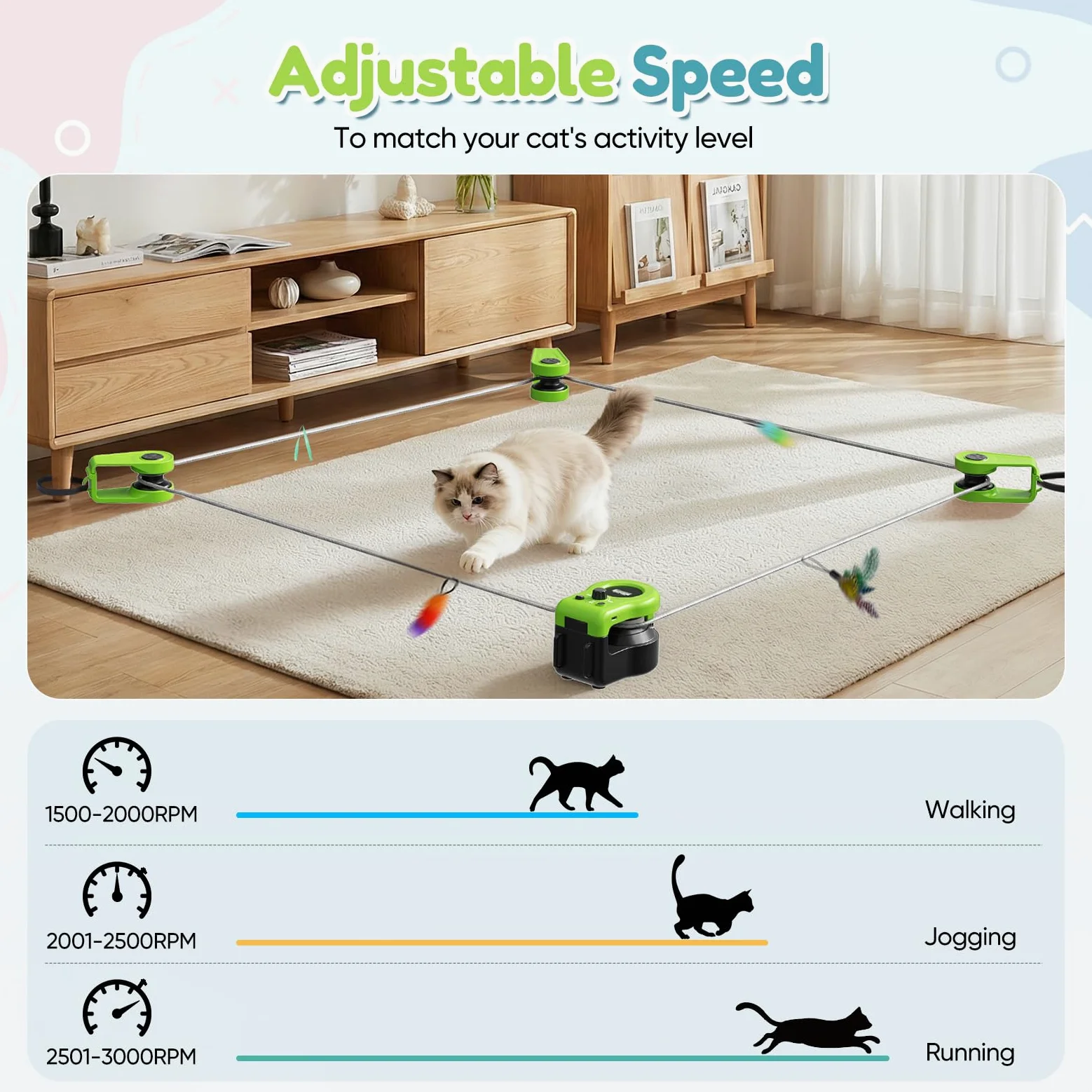 Juguete para Gatos para Interiores, Nueva Cinta de Correr para Gatitos, Control Automático/Remoto, Velocidad Ajustable, Juego de Persecución y Ruta de Carrera con Diseño DIY (Verde)
