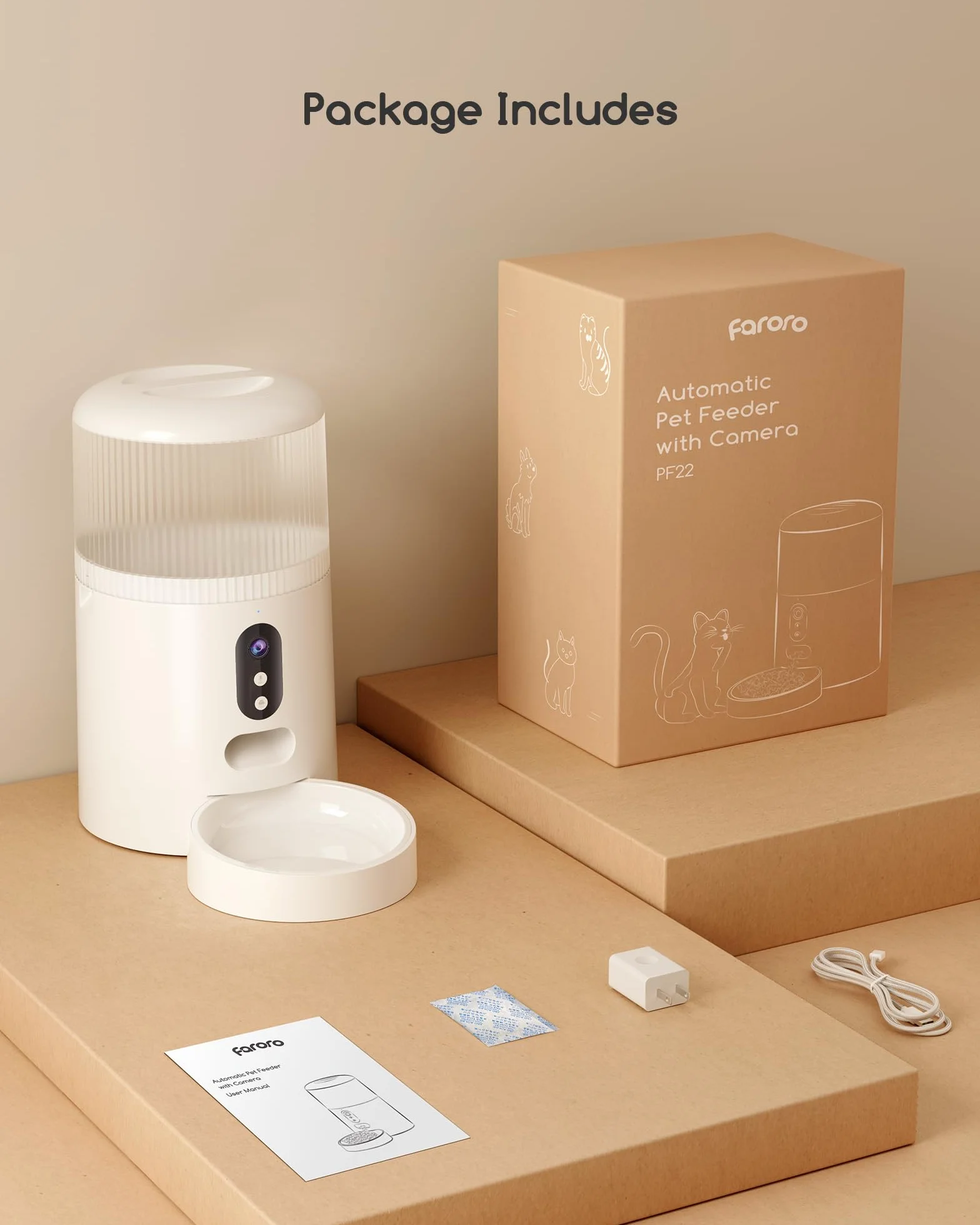 Faroro Comedero Gato Automatico WiFi, 3MP HD Cámara con Visión Nocturna, 4L Alimentador para Perros/Gatos con Audio Bidireccional, App Control, Detección de Movimiento y Fuente de Alimentación Dual