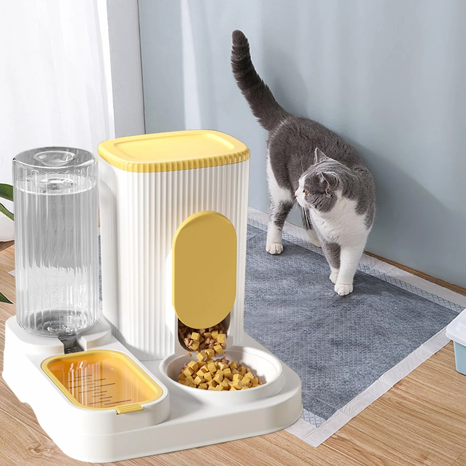 comedero automático para Gatos, Comedero 2 en 1 de Gran Capacidad con Cuenco extraíble for Razas pequeñas, Medianas y Grandes(Yellow)