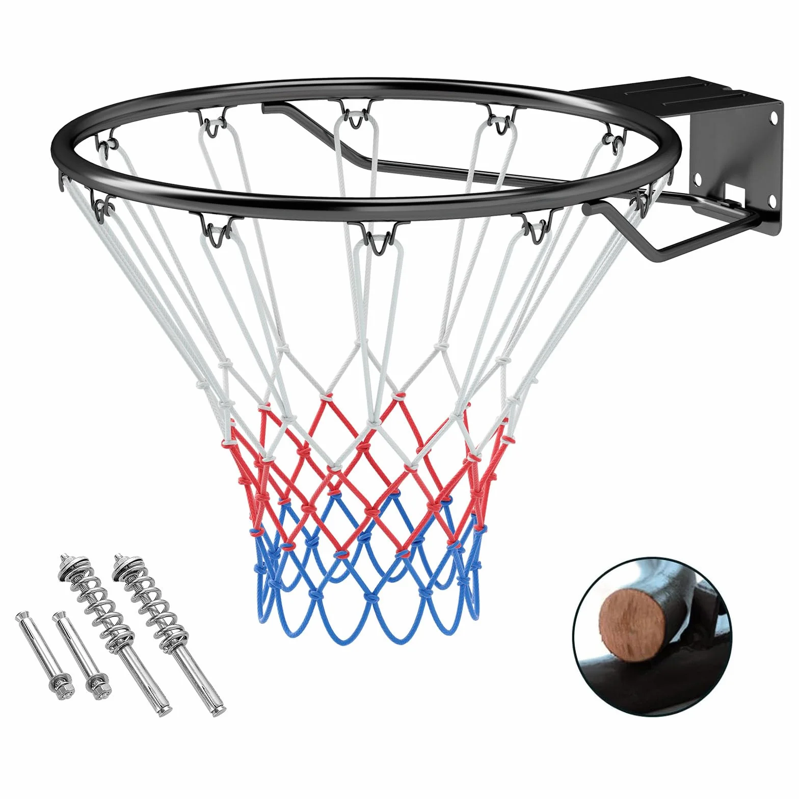 Canasta de Baloncesto de Pared Ø45 cm, Aro Macizo con Soporte y Red, Metal para Interior y Exterior