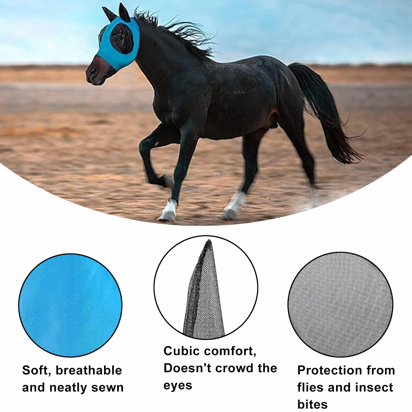 Máscara de Mosca de Caballo, Máscara Antimoscas para Caballo, Máscara de Mosca con Malla Transpirable, Anti-UV, Antimosquitos, Insectos, Máscara de Freno Elástica (Azul)