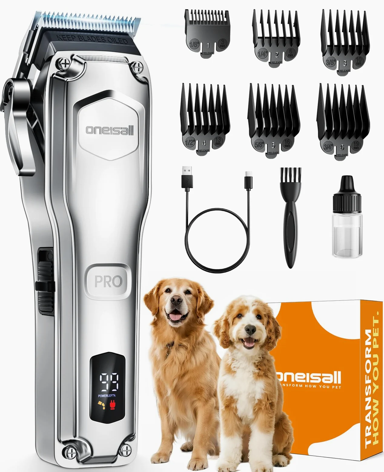 oneisall Cortapelos para perros para el aseo del pelo grueso, kit de aseo de perros de bajo ruido con hoja de acero inoxidable, afeitadora impermeable para perros grueso/mate/anudado/fino/ondulado