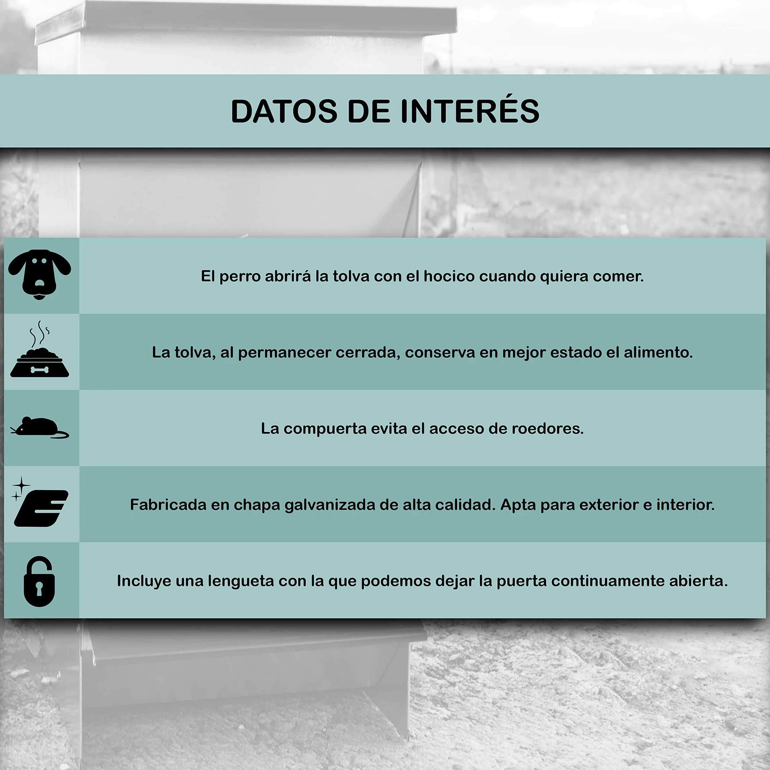 Comedero para Perros (Capacidad 30 L / 21,6 kg Aprox.) - Tolva para Perros Galvanizada Premium - con Tapa para Proteger el Pienso - Incluye expendedor de bolsitas