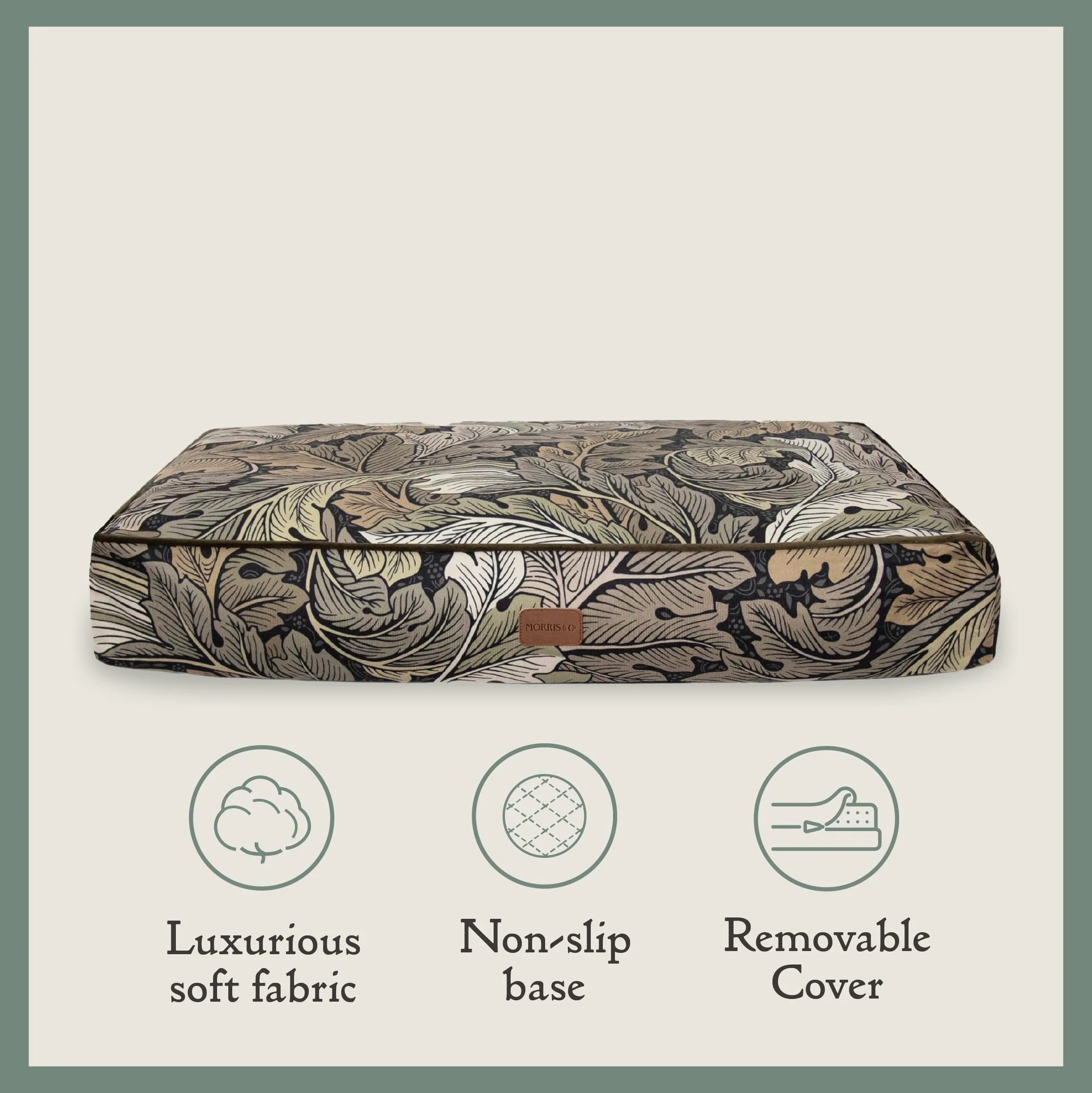 Rosewood x Morris & Co. Colchón Acanthus para Perros, Cama Grande para Perros, Caqui, Acolchado Grueso, Base Antideslizante, Lavable, Lujoso Estampado de William Morris