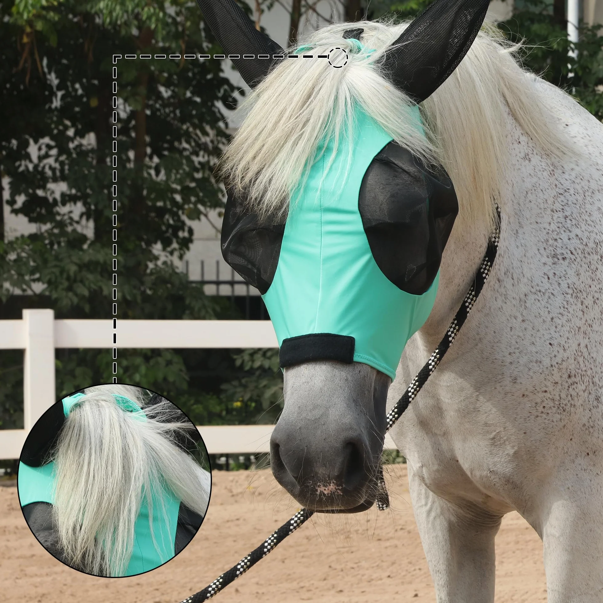 Máscara antimoscas para caballo, gran espacio para los ojos con orejas, súper cómoda, elástica, protección UV para caballo, mazorca verde