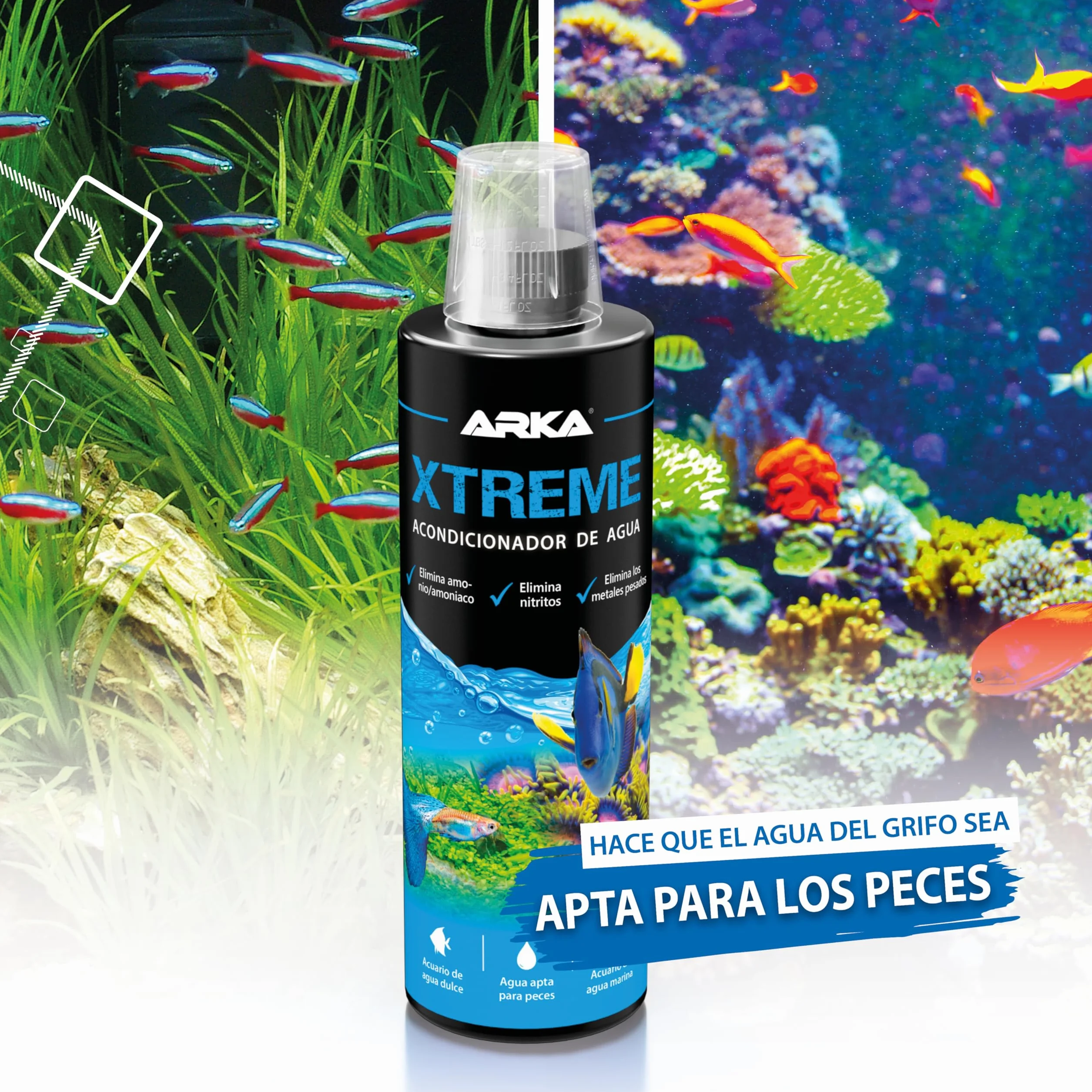 Acondicionador de Agua para Acuario 118 ml – ARKA Xtreme – Elimina Cloro, amoníaco y nitrito – neutraliza Metales Pesados – Ideal para Cambios de Agua y nuevos acuarios