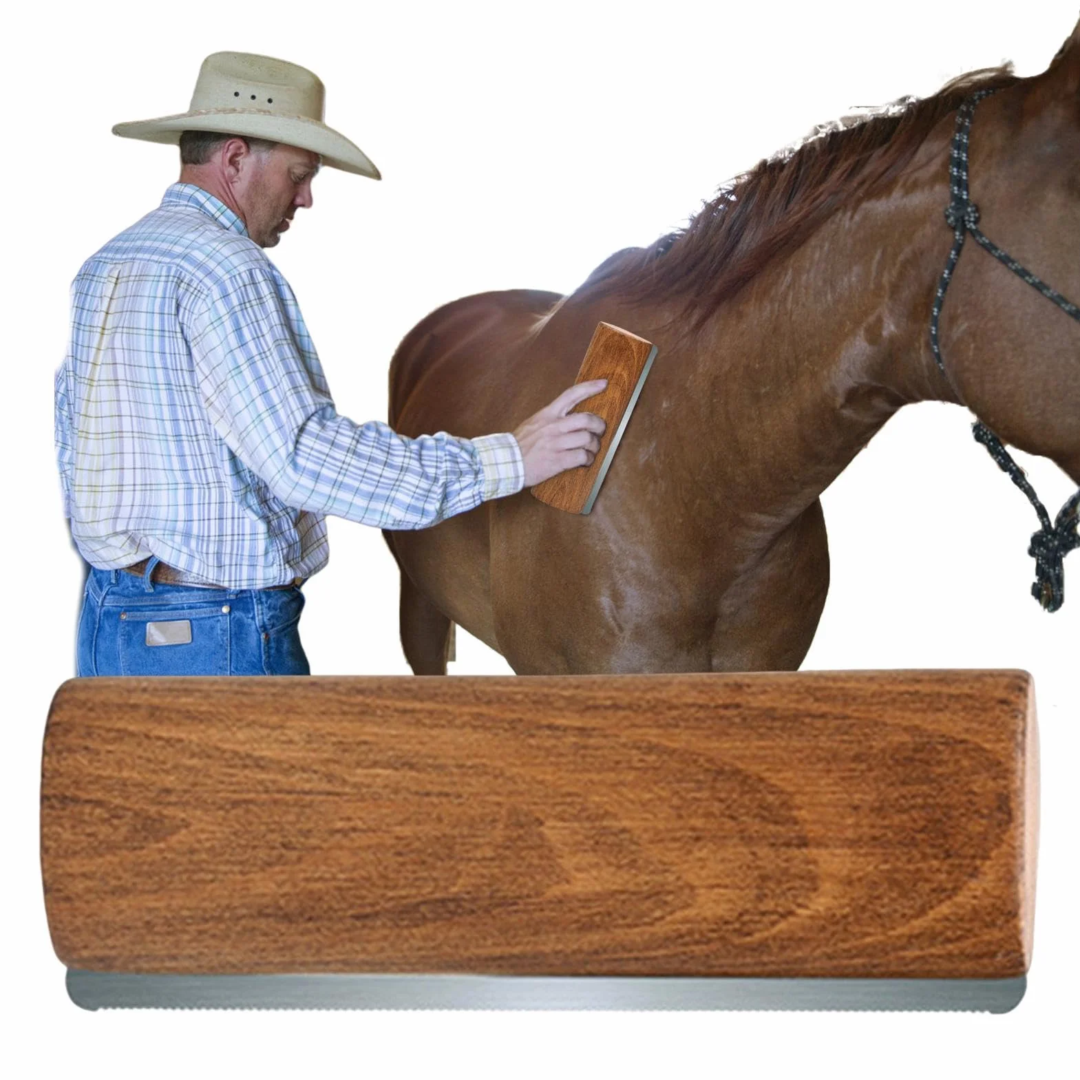 Cepillo para pelar caballos, mango de madera, tira de dientes de acero inoxidable para caballos, cepillo de lavado de aseo de caballos, herramienta de aseo para desenredar, removedor de pelo de