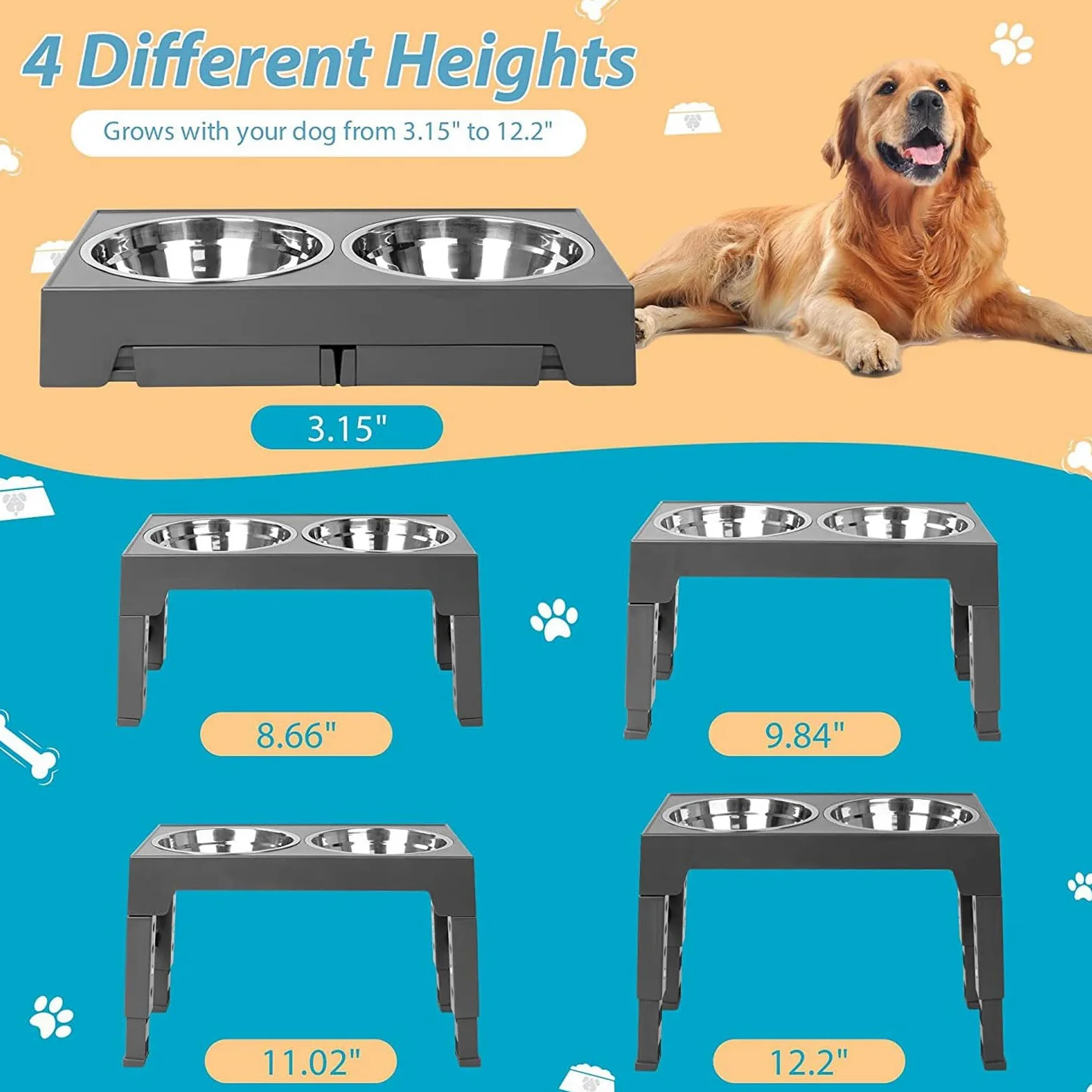 Comederos elevados for Mascotas, Soporte for comedero Elevado for Gatos, antivómitos, con 2 Cuencos Gruesos de Acero Inoxidable Antideslizantes