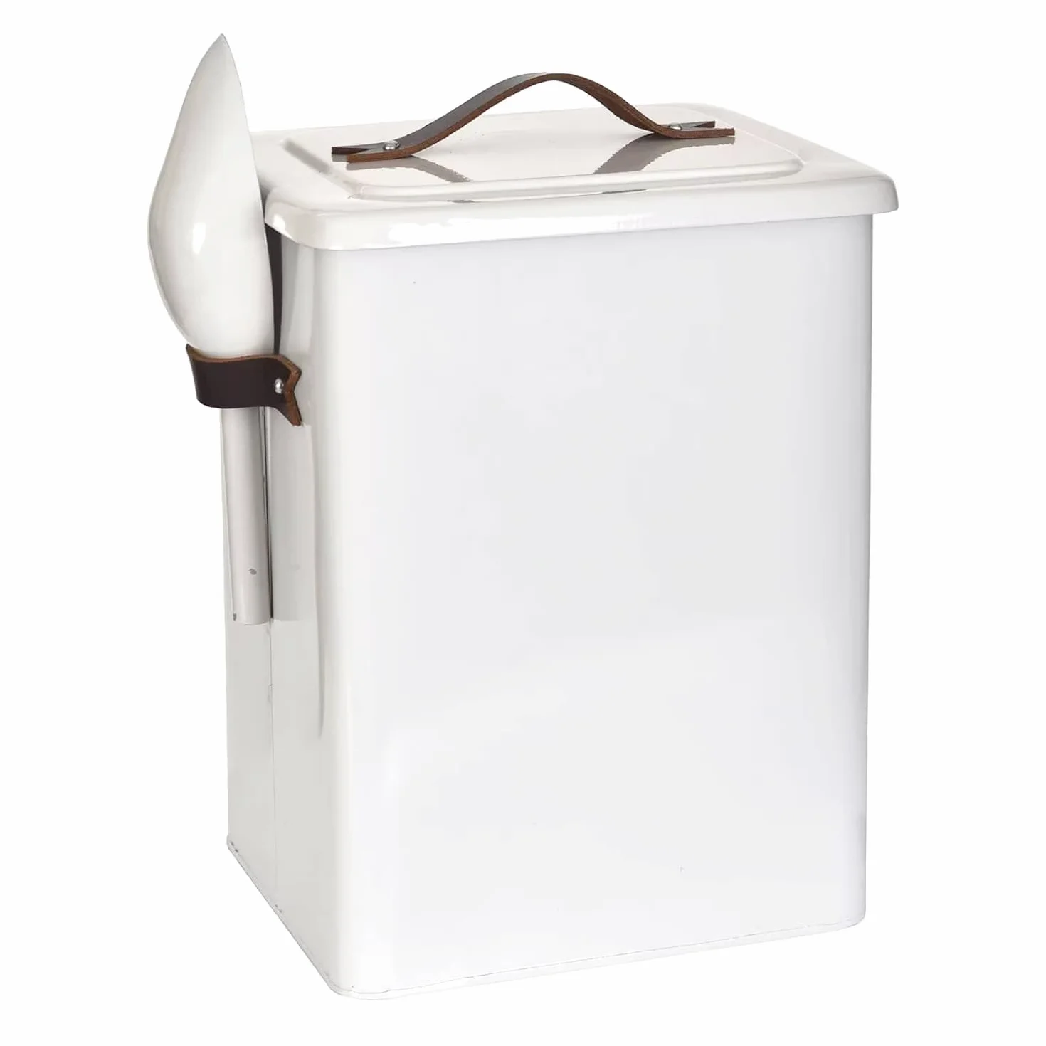 CKB LTD Caja de almacenamiento de alimentos para mascotas mediana con cuchara para perros y gatos y animales de metal, con tapa sellada, mango de cuero, hecho de acero de giza, 7 kg: 34 x 25 x 19 cm