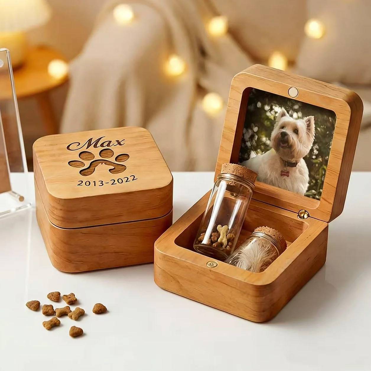 VEELU Regalo Conmemorativo Perro Gato Personalizado - Caja de Recuerdos con Foto y Nombre, Pequeña Urna de Madera para Cenizas y Pelo con 4 Frascos de Vidrio, Regalo por la Pérdida de una Mascota
