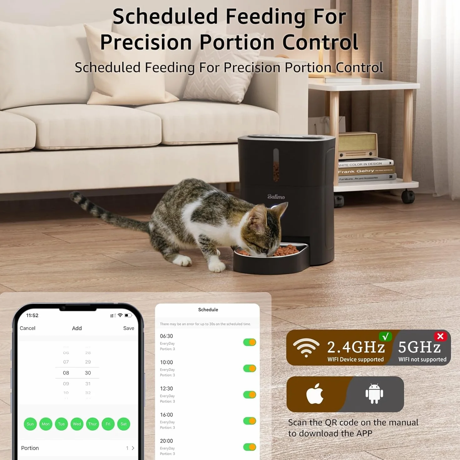 Balimo Comedero Gato Automatico, 2.4G WiFi Dispensador Comida Gatos, 3L Comedero Automatico Gato, Bol de Acero Inoxidable 304, 1 a 10 Comidas, Negro