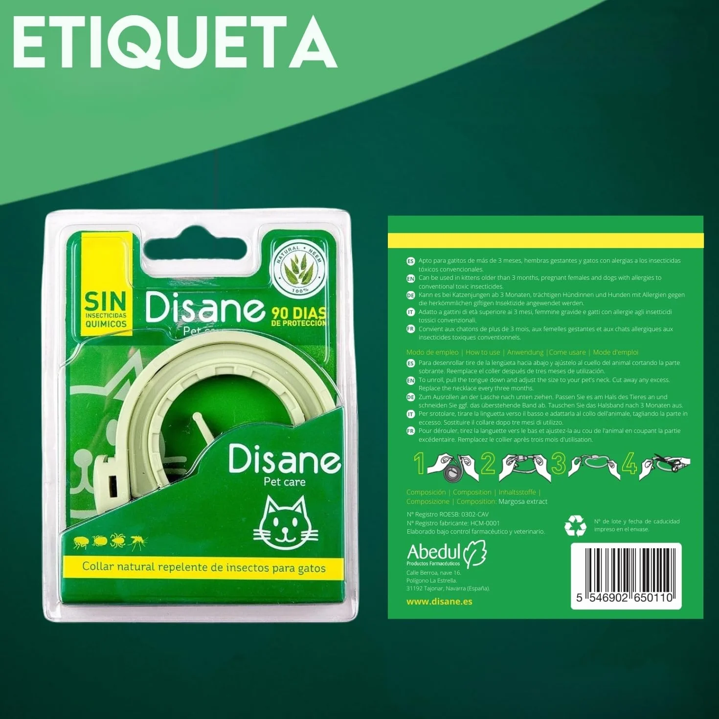 DISANE Collar Antiparasitario para Gatos 100% Natural | 3 Meses de Protección Contra Insectos y Parásitos: Repelente de Pulgas, Garrapatas y Mosquitos | Collar Antipulgas Gato Adulto y Cachorro