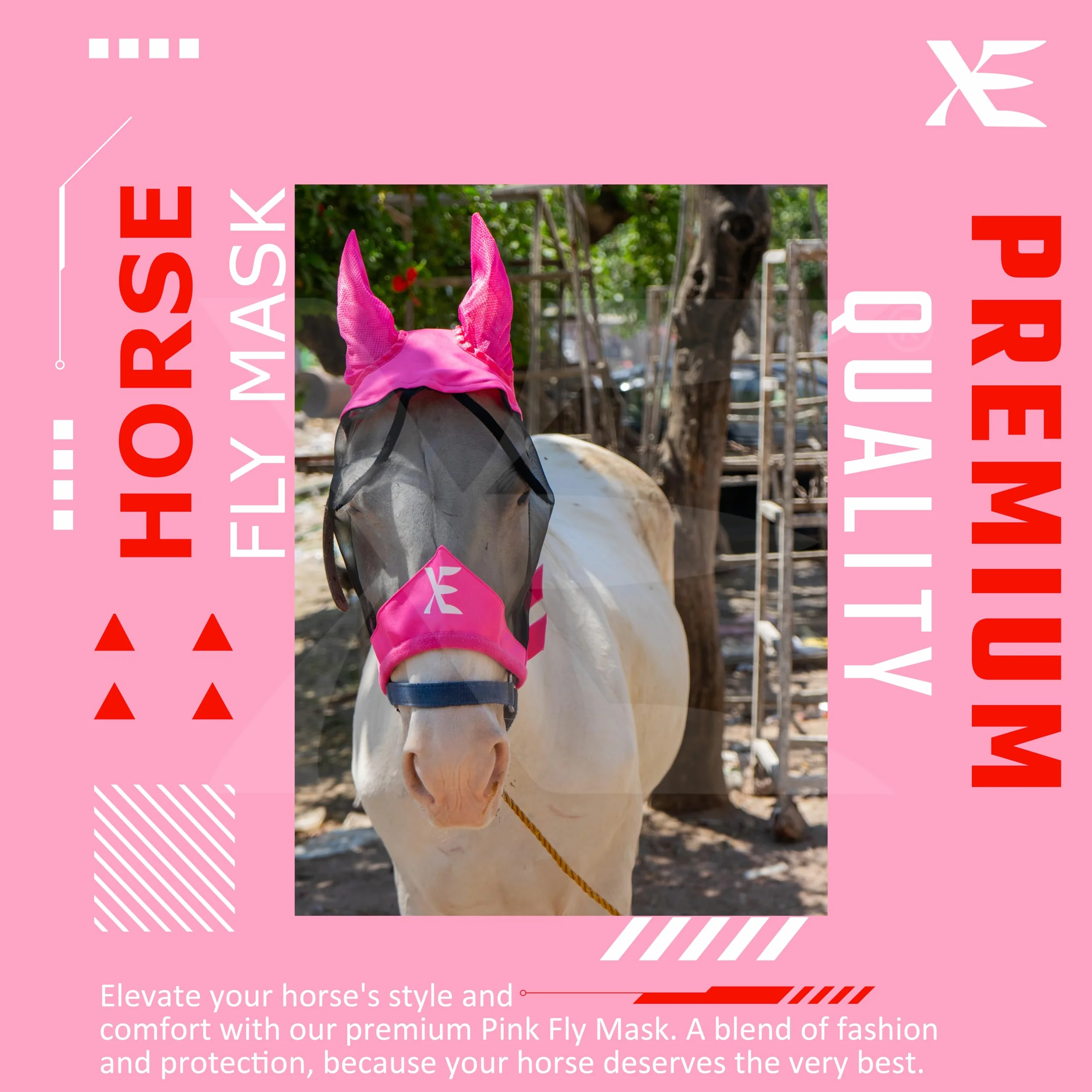 XE Máscara contra Moscas de Caballo con Orejas – Máscara de Caballo de Malla Transpirable para Cara Completa y Nariz para Protección UV y Mosca, Máscara Caballo (Half Pink Mask, COB (M))