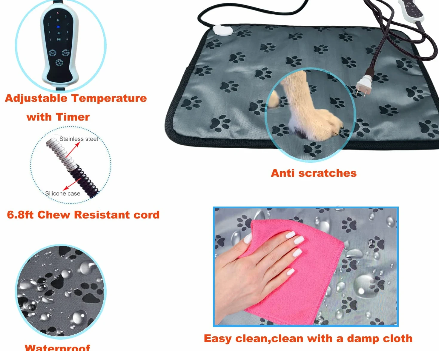Almohadilla térmica para mascotas para perros grandes, gatos, almohadilla térmica para perros, almohadilla térmica eléctrica para perros con temporizador, alfombrilla de calentamiento ajustable, a