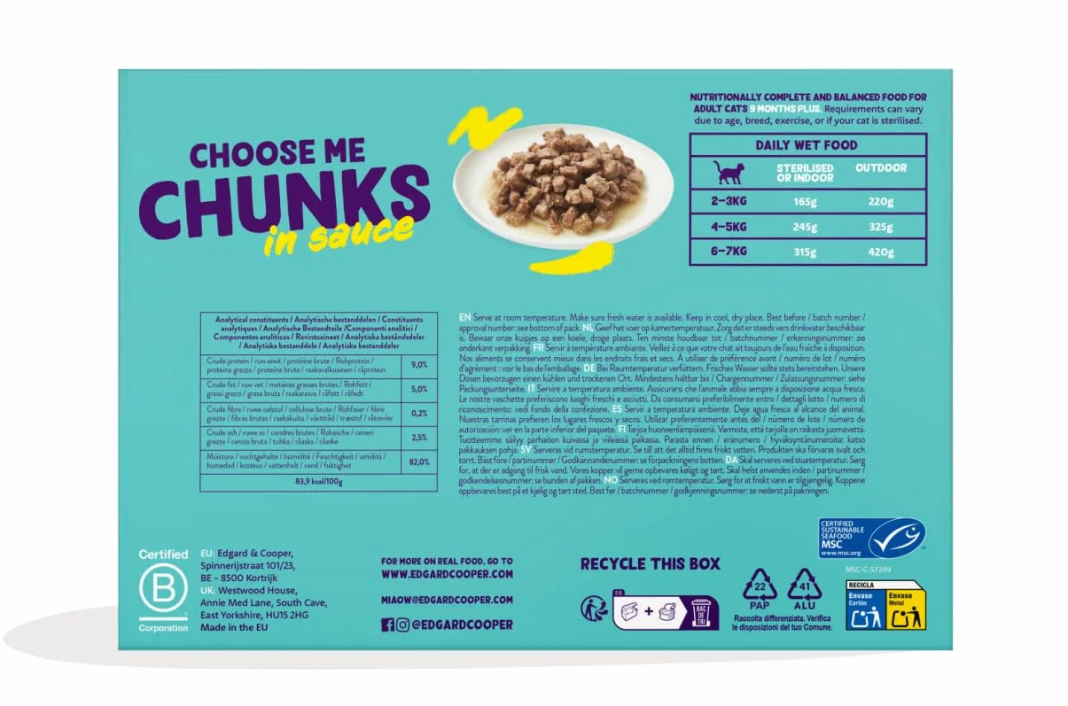 Edgard Cooper Comida húmeda para Gatos, Multipack, (Pollo/Salmón/Pavo/Cordero, 24 x 85g) trocitos en Salsa, para Gatos esterilizados o Activos, Carne Fresca con Ingredientes Naturales