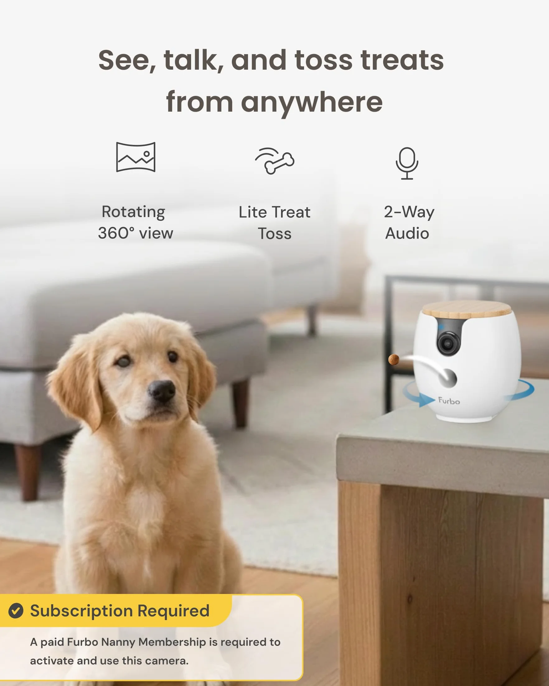Furbo Mini cámara de 360º para mascotas, desbloquea la cámara inteligente y las funciones inteligentes con plan de pago: seguridad para el hogar y alertas de seguridad para perros y gatos, dispensador