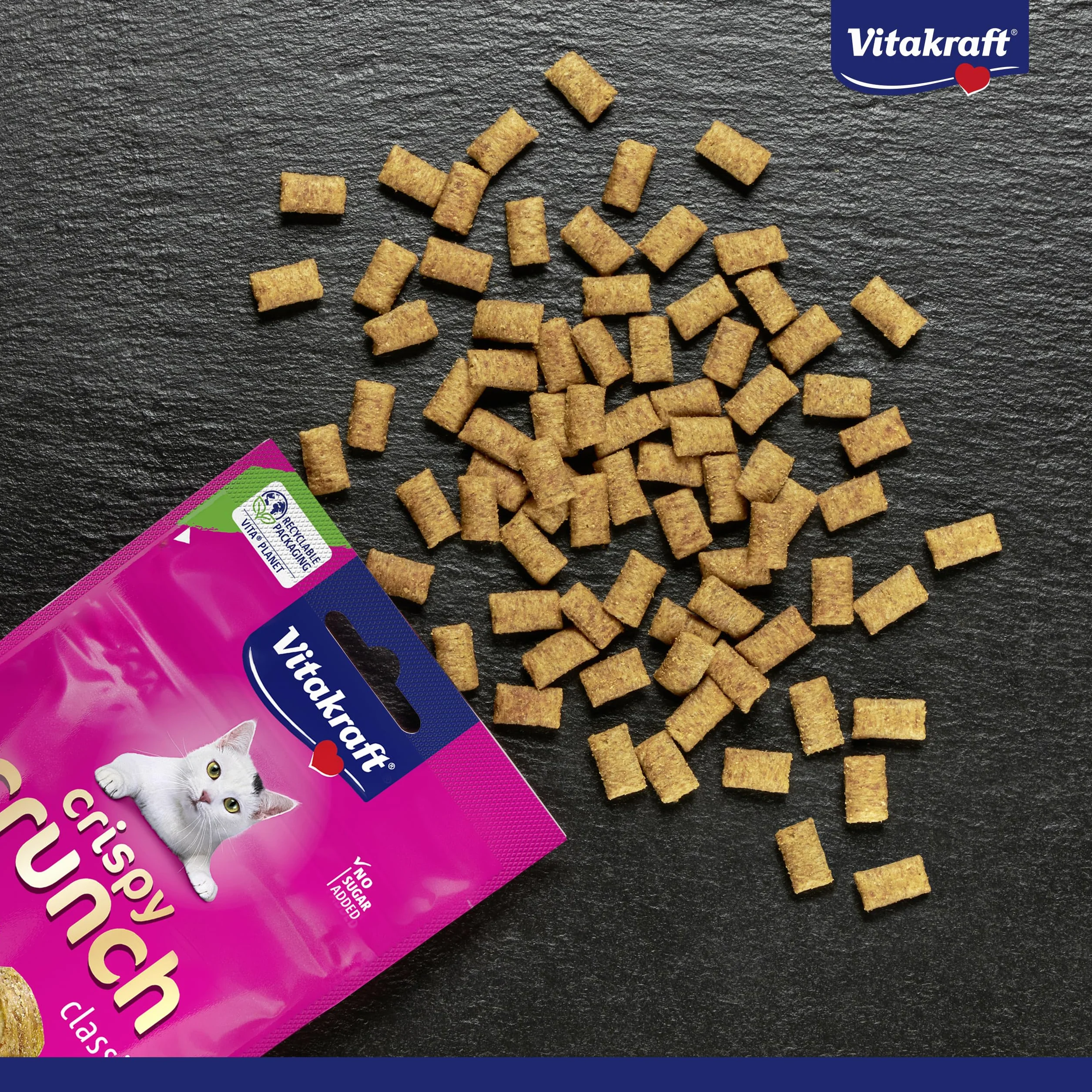 Vitakraft Crispy Crunch Classic, golosina para gatos, snack crujiente relleno de ave, en bolsa resellable, sin azúcar añadido (1x 60g)