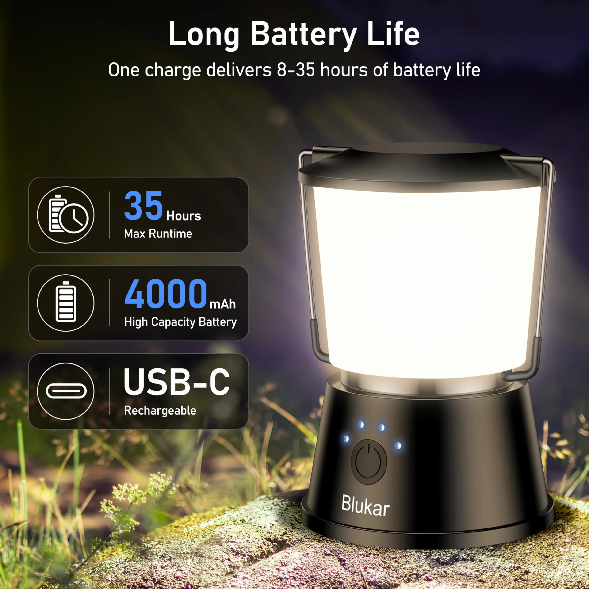 Blukar Lámpara Camping Recargable LED 5 Modos Iluminación Continua Portátil Superbrillante