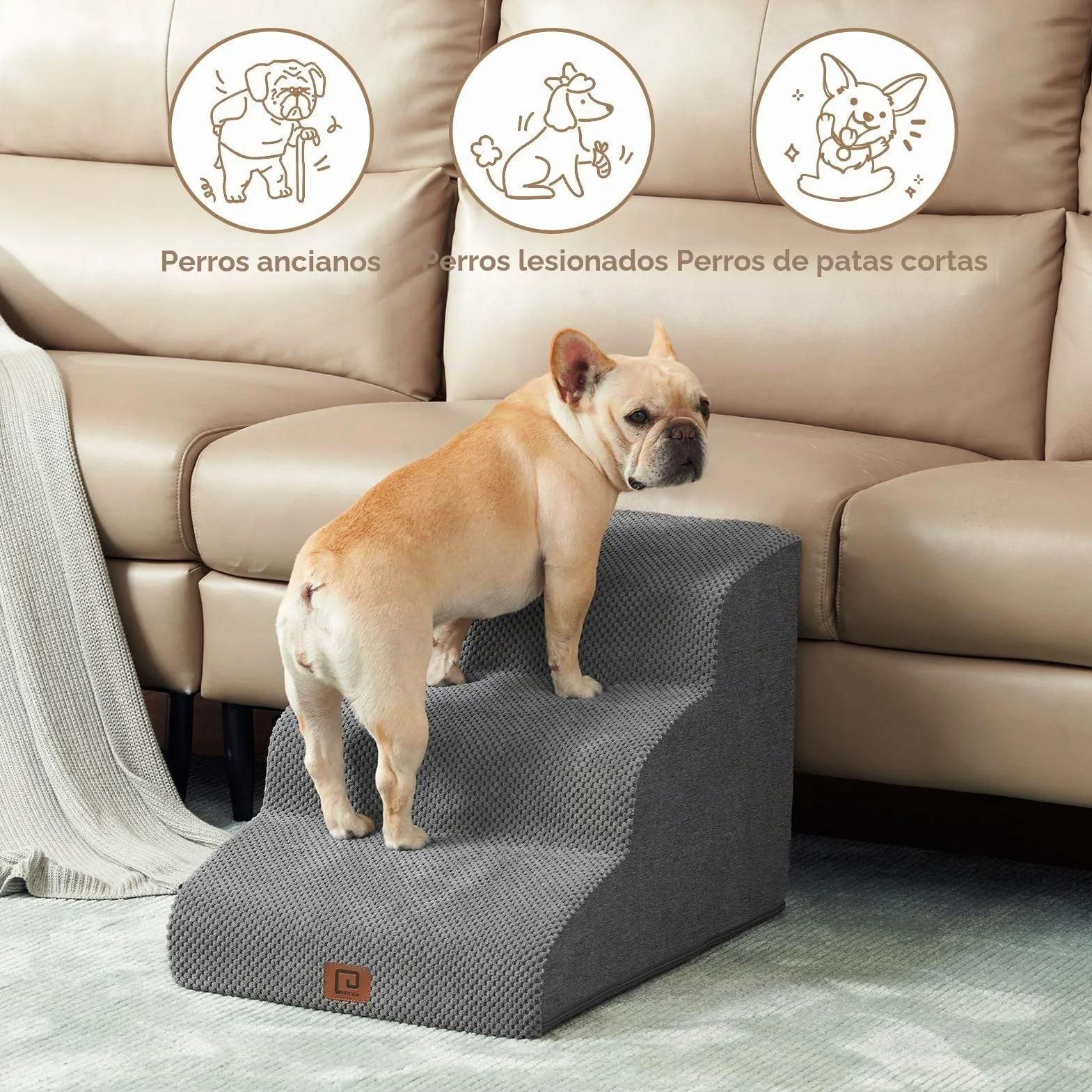 EHEYCIGA Escalera para Perros Pequeños 3 Peldaños, 40x57x40 cm, Rampa para Perros de Espuma para Cama, Escalera para Mascotas Mayores con Funda Lavable y y Fondo Antideslizante, Gris