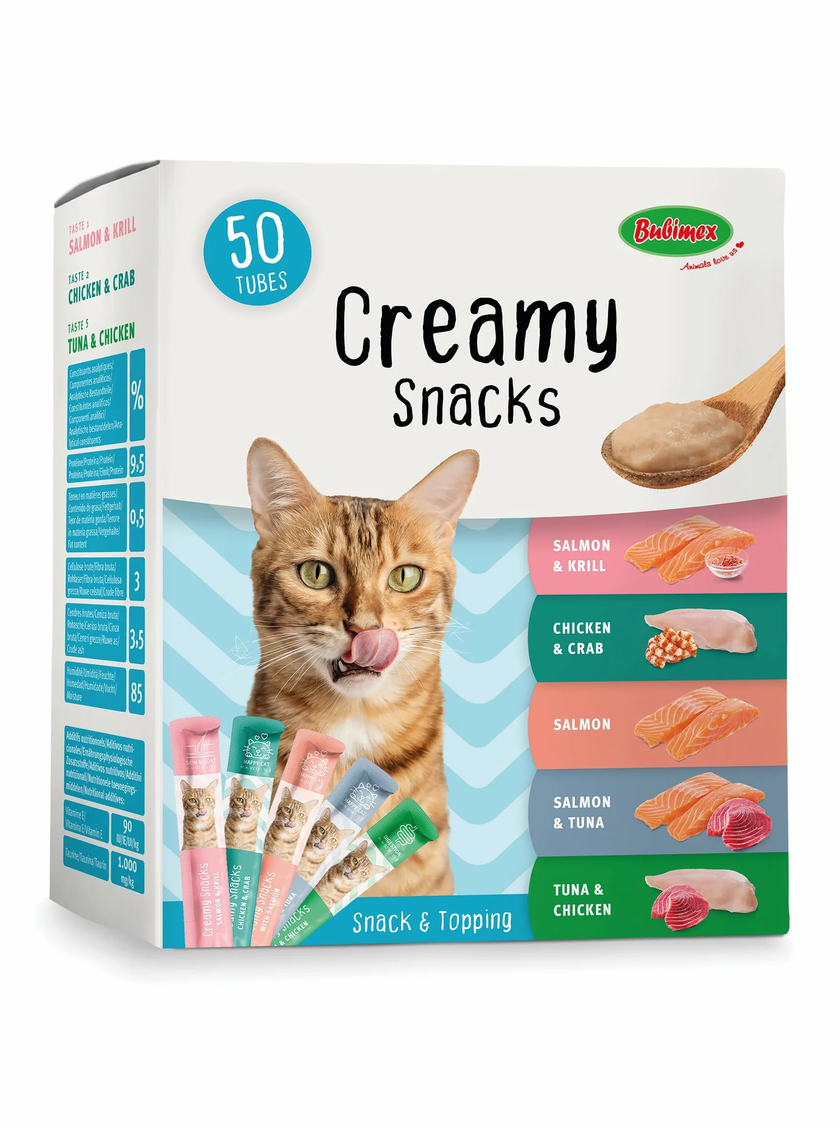 Bubimex Creamy Snacks Multipack - Dulces cremas para lamer Gatos - Textura Lisa, cremosa y apetitosa - Estimula el apetito y favorece la hidratación - 50 x 15 g
