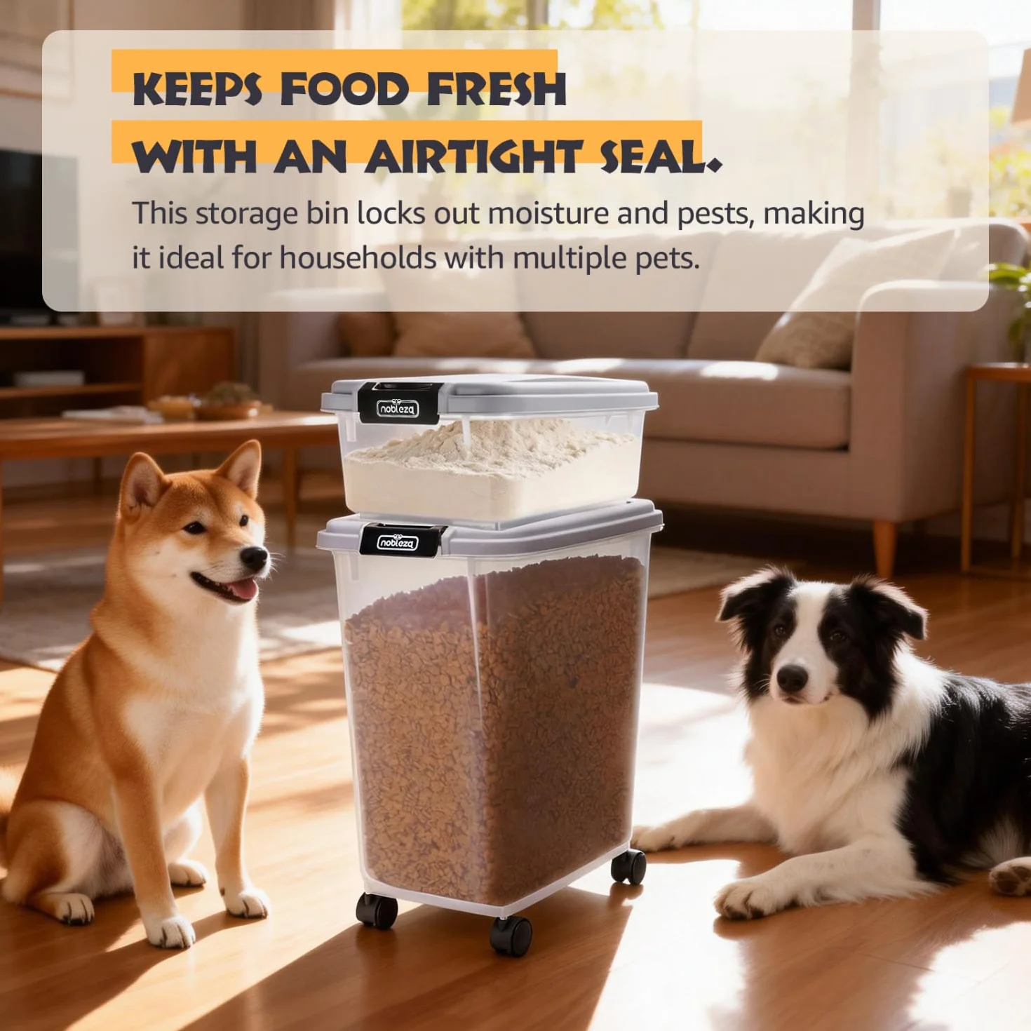 Nobleza Contenedor de Comida para Mascotas 10L+40L， Caja Hermética Transparente con Ruedas， Tapa Abatible y Pala para Alimento de Perros y Gatos， Gris