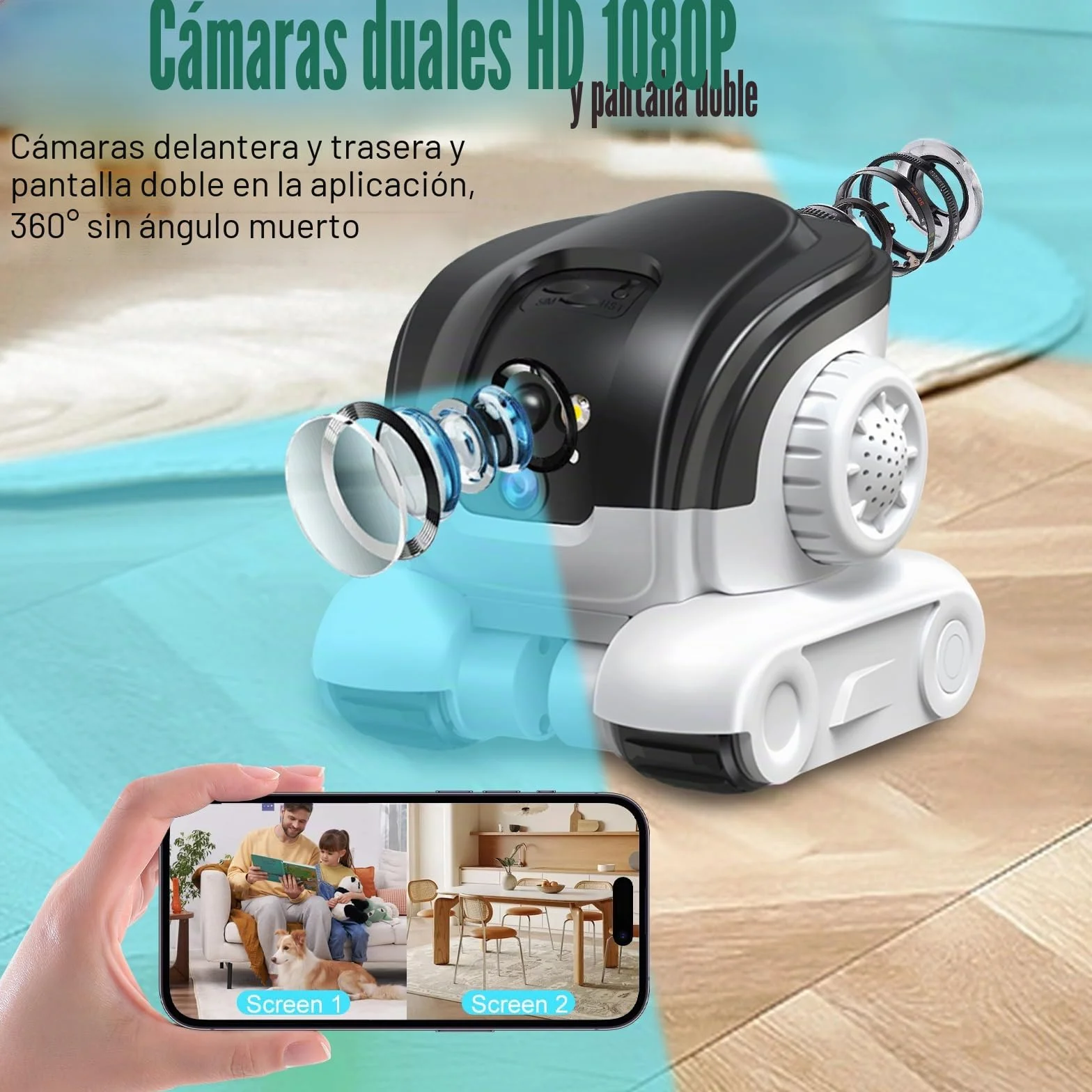 Robot Camera, 1080P Duales Cámara Robot para Mascotas con Audio 2 vías, Visión Nocturna, Reconocimiento de Movimiento, Grabación de vídeo, Control de Aplicaciones para Gatos, Perros, Bebé