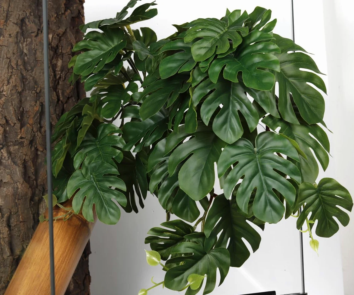 Paquete de 2 plantas falsas de reptiles para terrario, accesorios de tanque de serpiente, decoración de hábitat, plantas colgantes artificiales con ventosa, Monstera falsa
