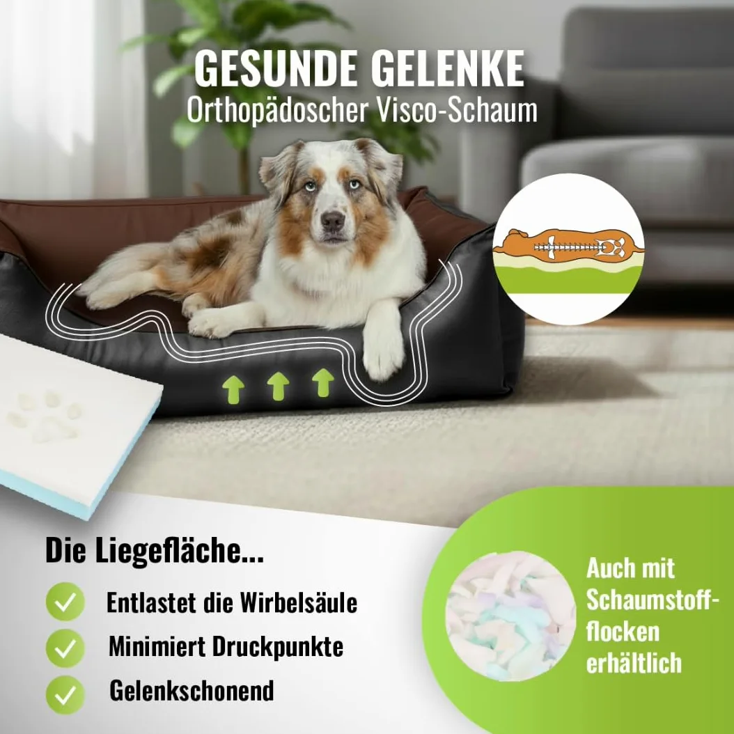Cama para perros CopcoPet Rocco 2 en 1, impermeable y de piel sintética, con colchón de plástico para perros con espuma de copos o espuma viscoelástica ortopédica