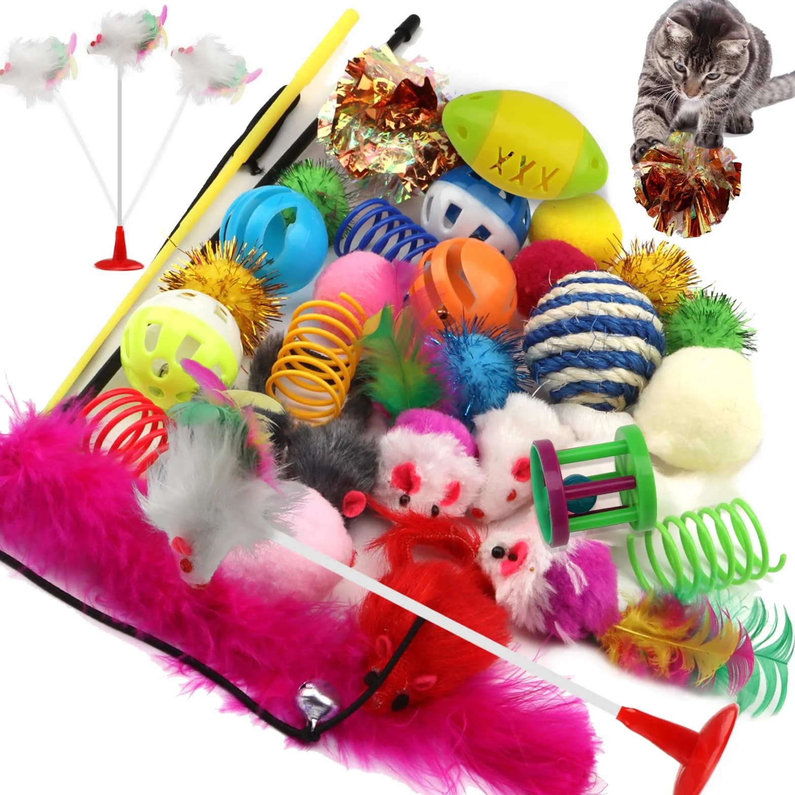 QUOZUO Paquete variado de 32 juguetes para gatos: bolas de gato, plumas, ratones, bolas arrugadas, juguetes de hierba gatera para gatitos de interior