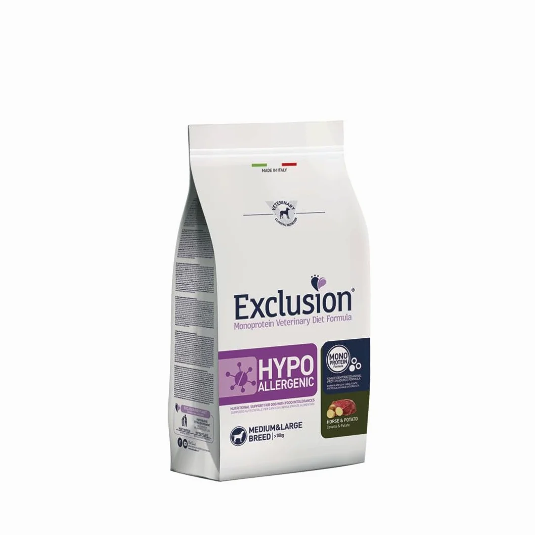 Exclusion Hypoallergenic Medium Adult Caballo y Patatas 2 kg, alimento completo hipoalergénico para perros adultos de talla media con intolerancias alimentarias.