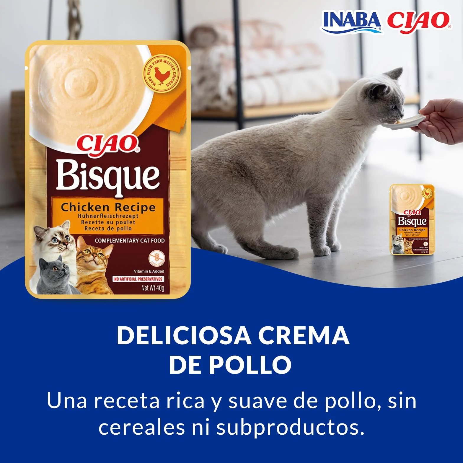 INABA Churu Gatos -Snacks de Puré - Receta de Pollo - Premios Cremosos Saludables - Sin Cereales, Conservantes, Colorantes - Sólo 16 Calorías - 480G(12x40g)