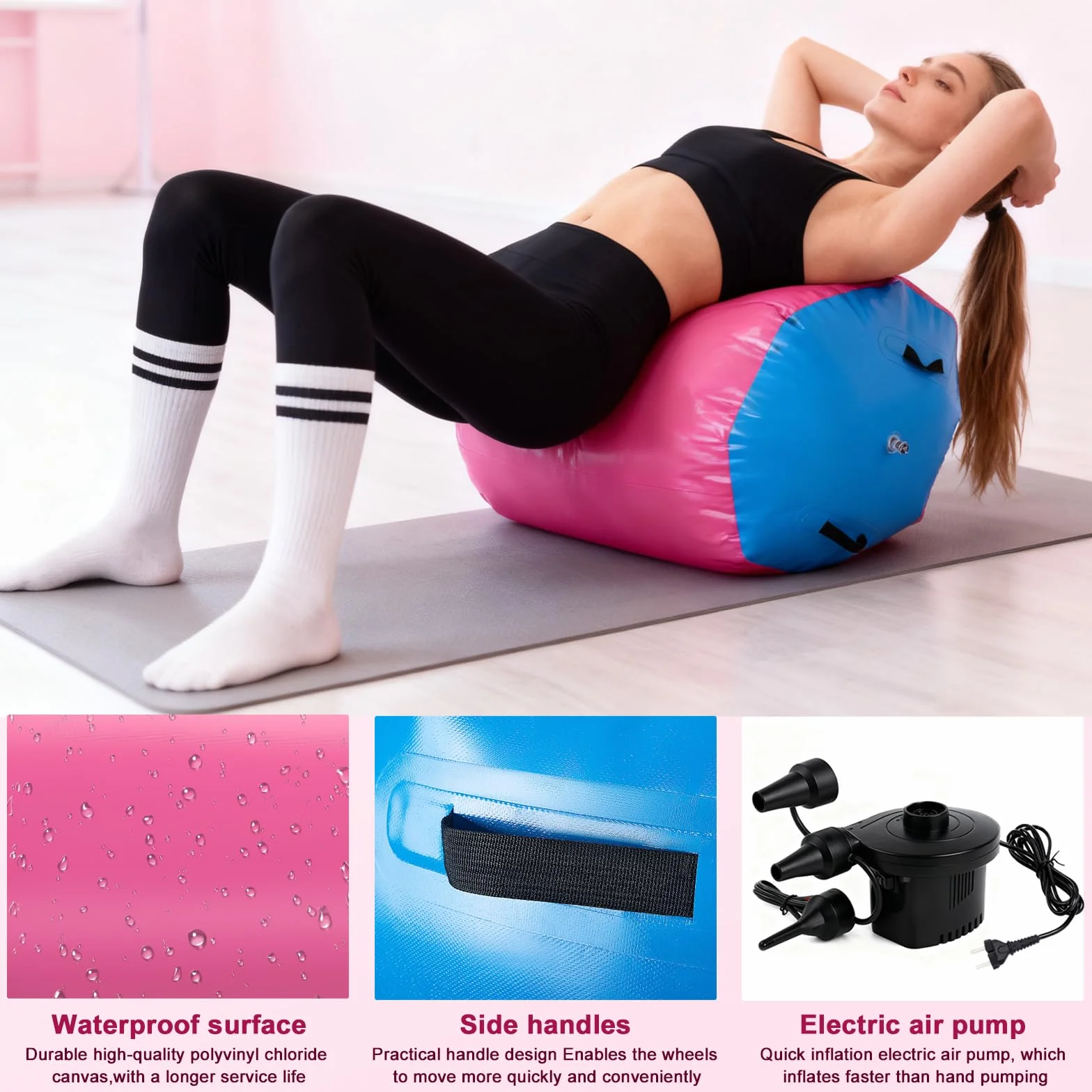 Rodillo de Aire para Gimnasia con Bomba Eléctrica, Esterilla Yoga Air Track 90x70cm