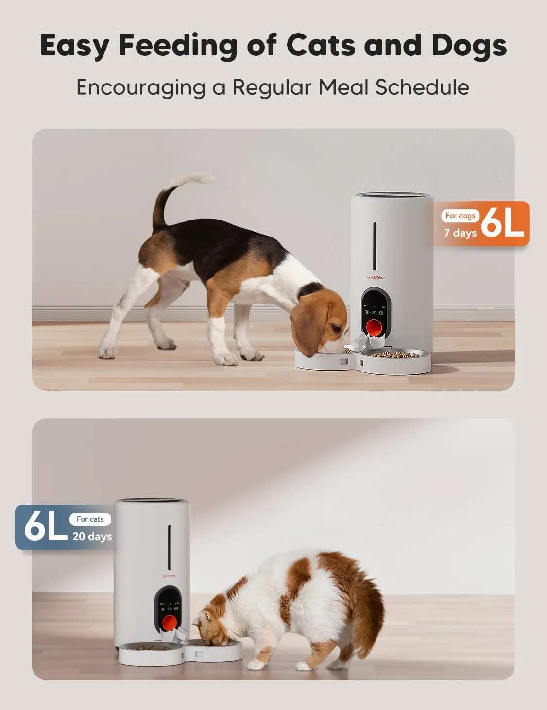 WOPET Comedero automático para gatos y perros, alimentador de mascotas WiFi 5G con control remoto, dispensador de comida para gatos de 6 litros con sensor de alimentos bajos, 1-10 comidas al día